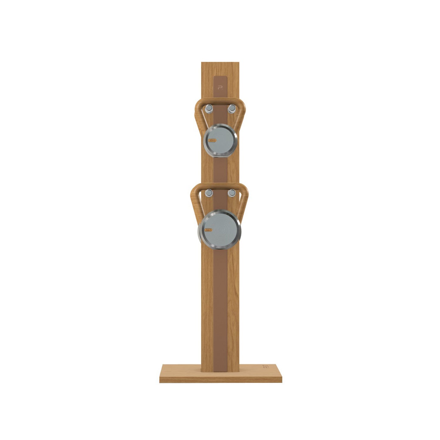 Luxury fitness equipment, 4 luxury kettlebells on vertical wooden stand, handcrafted with stainless steel, premium Italian brown leather and oak wood. PENT. LOVA Set (2)