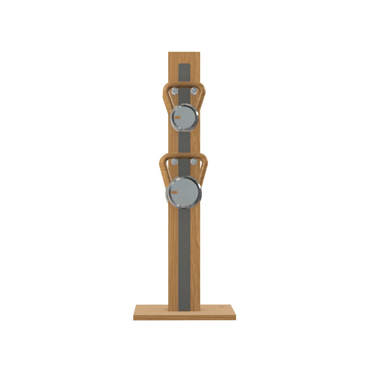 Luxury fitness equipment, 4 luxury kettlebells on vertical wooden stand, handcrafted with stainless steel, premium Italian grey leather and oak wood. PENT. LOVA Set (2)