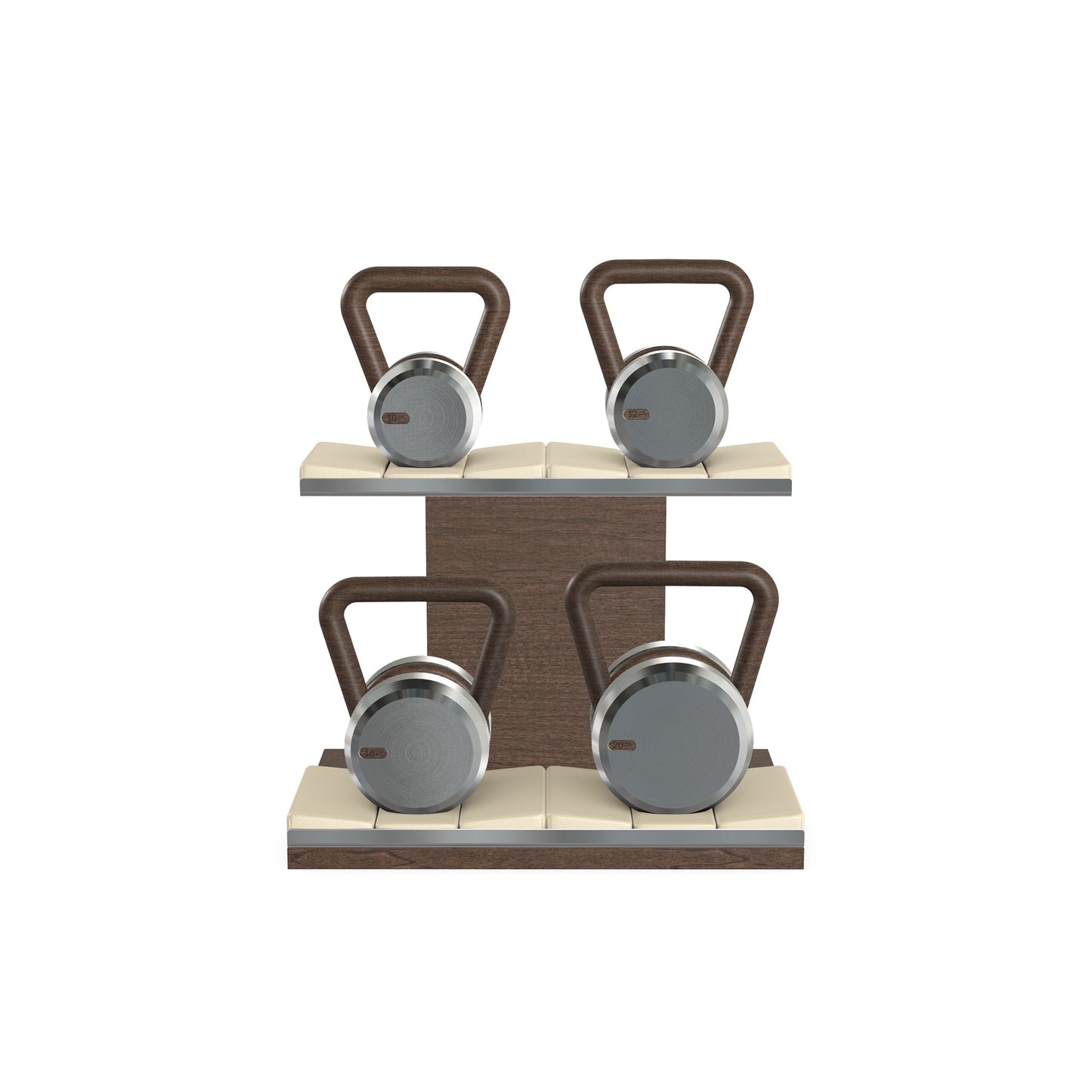 Luxury fitness equipment, luxury kettlebells with 10, 12, 16 and 20 KG, on horizontal wooden stand, handcrafted with stainless steel, premium Italian beige leather and dark walnut wood.