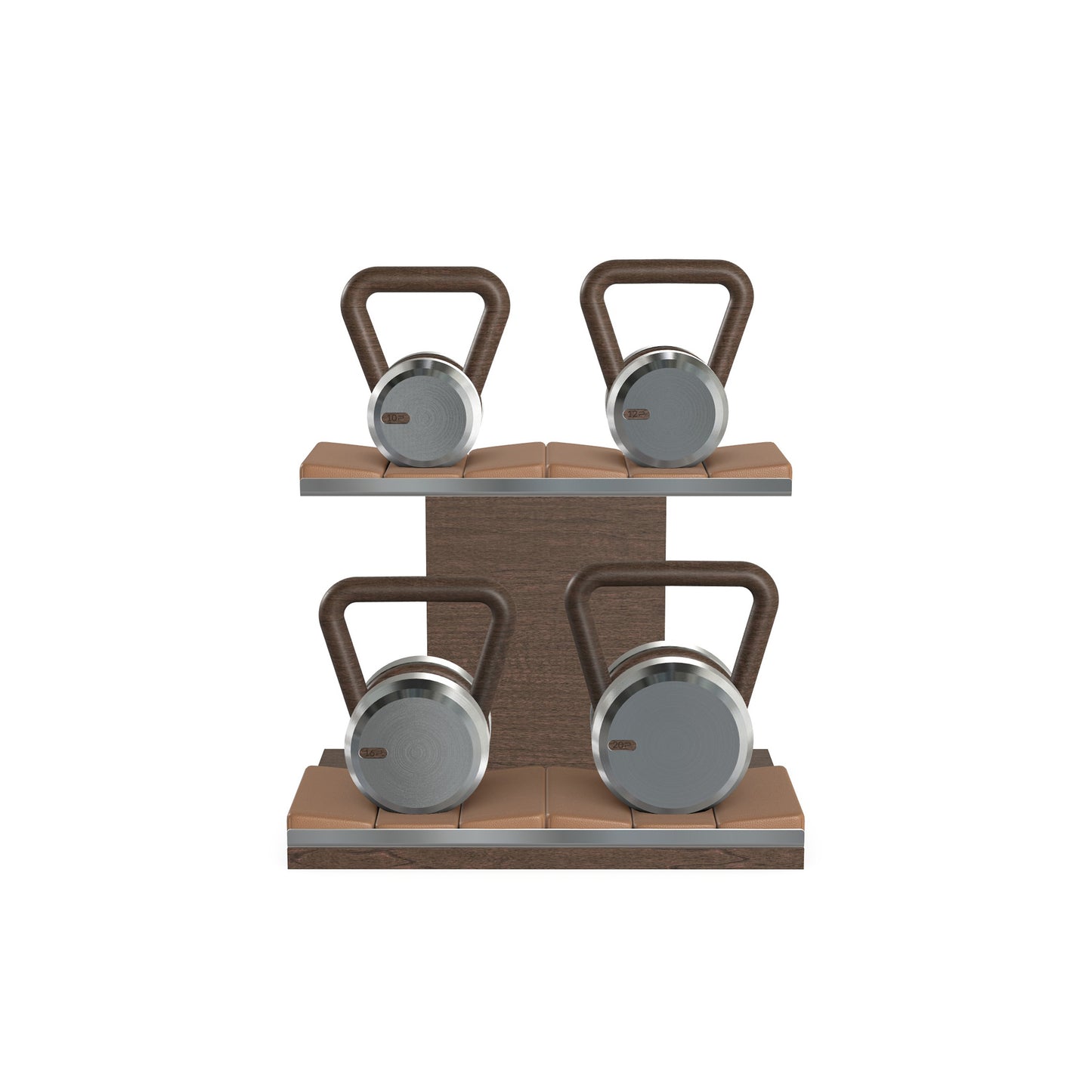 Luxury fitness equipment, luxury kettlebells with 10, 12, 16 and 20 KG, on horizontal wooden stand, handcrafted with stainless steel, premium Italian brown leather and dark walnut wood.