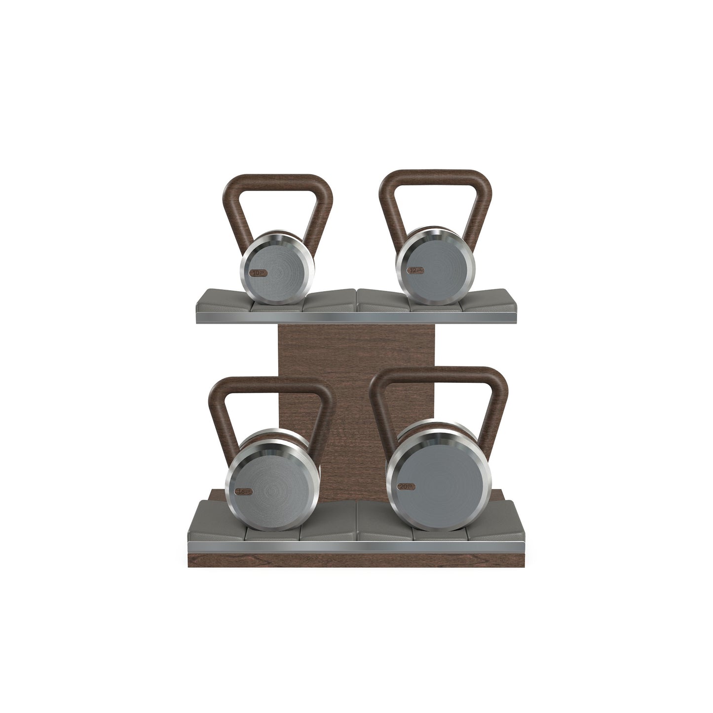 Luxury fitness equipment, luxury kettlebells with 10, 12, 16 and 20 KG, on horizontal wooden stand, handcrafted with stainless steel, premium Italian grey leather and natural ash wood.