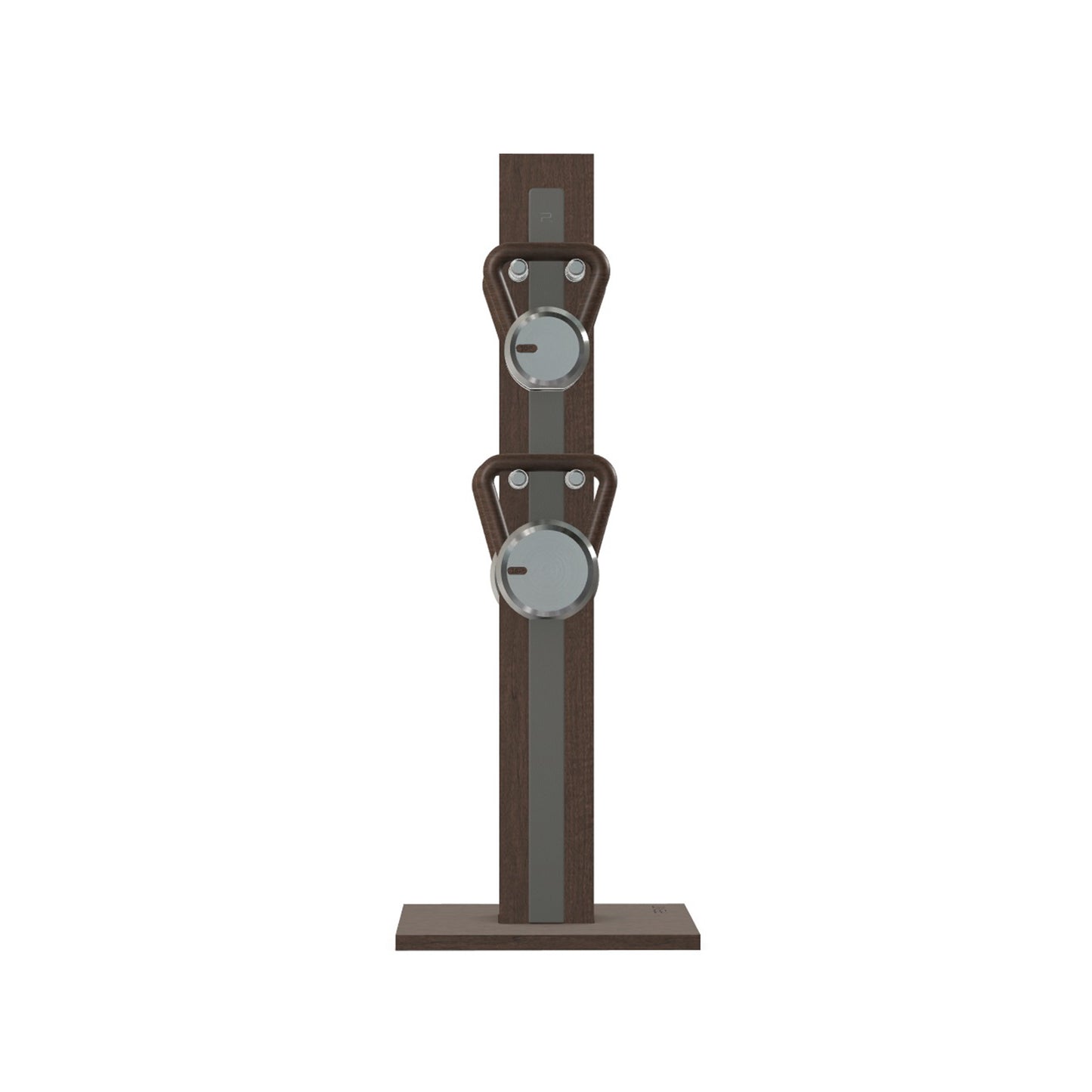 Luxury fitness equipment, 4 luxury kettlebells on vertical wooden stand, handcrafted with stainless steel, premium Italian grey leather and dark walnut wood. PENT. LOVA Set (2)
