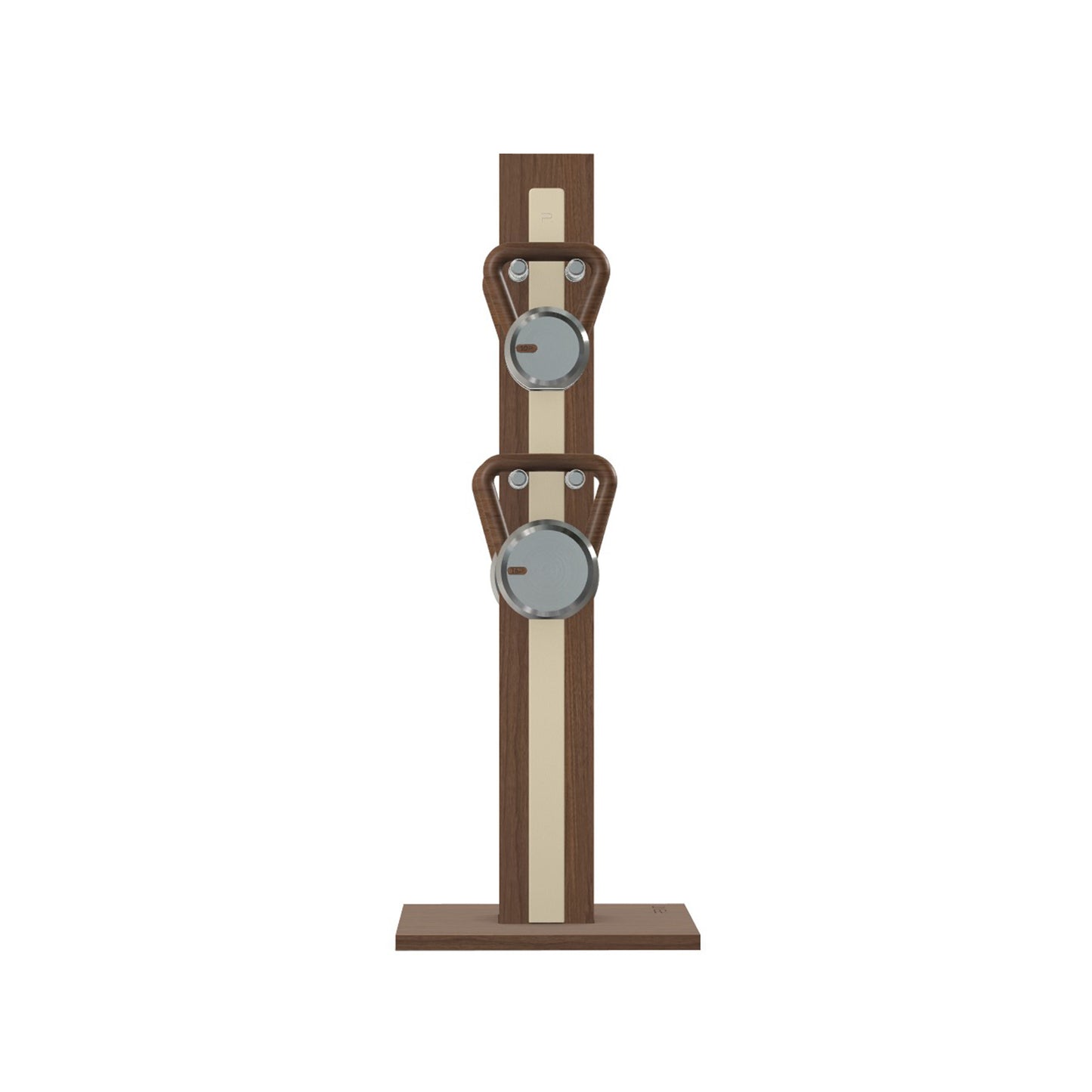 Luxury fitness equipment, 4 luxury kettlebells on vertical wooden stand, handcrafted with stainless steel, premium Italian beige leather and natural walnut wood. PENT. LOVA Set (2)