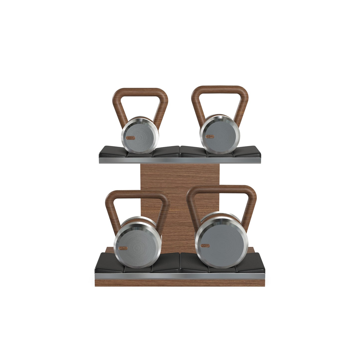 Luxury fitness equipment, luxury kettlebells with 10, 12, 16 and 20 KG, on horizontal wooden stand, handcrafted with stainless steel, premium Italian black leather and natural walnut wood.