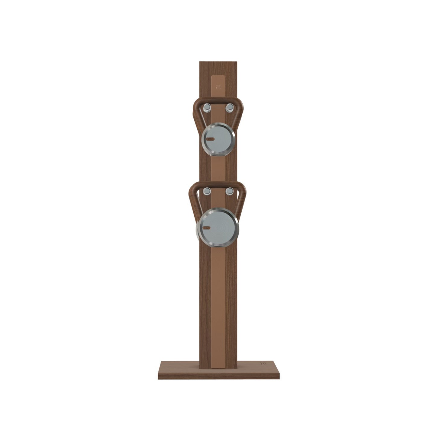 Luxury fitness equipment, 4 luxury kettlebells on vertical wooden stand, handcrafted with stainless steel, premium Italian brown leather and natural walnut wood. PENT. LOVA Set (2)