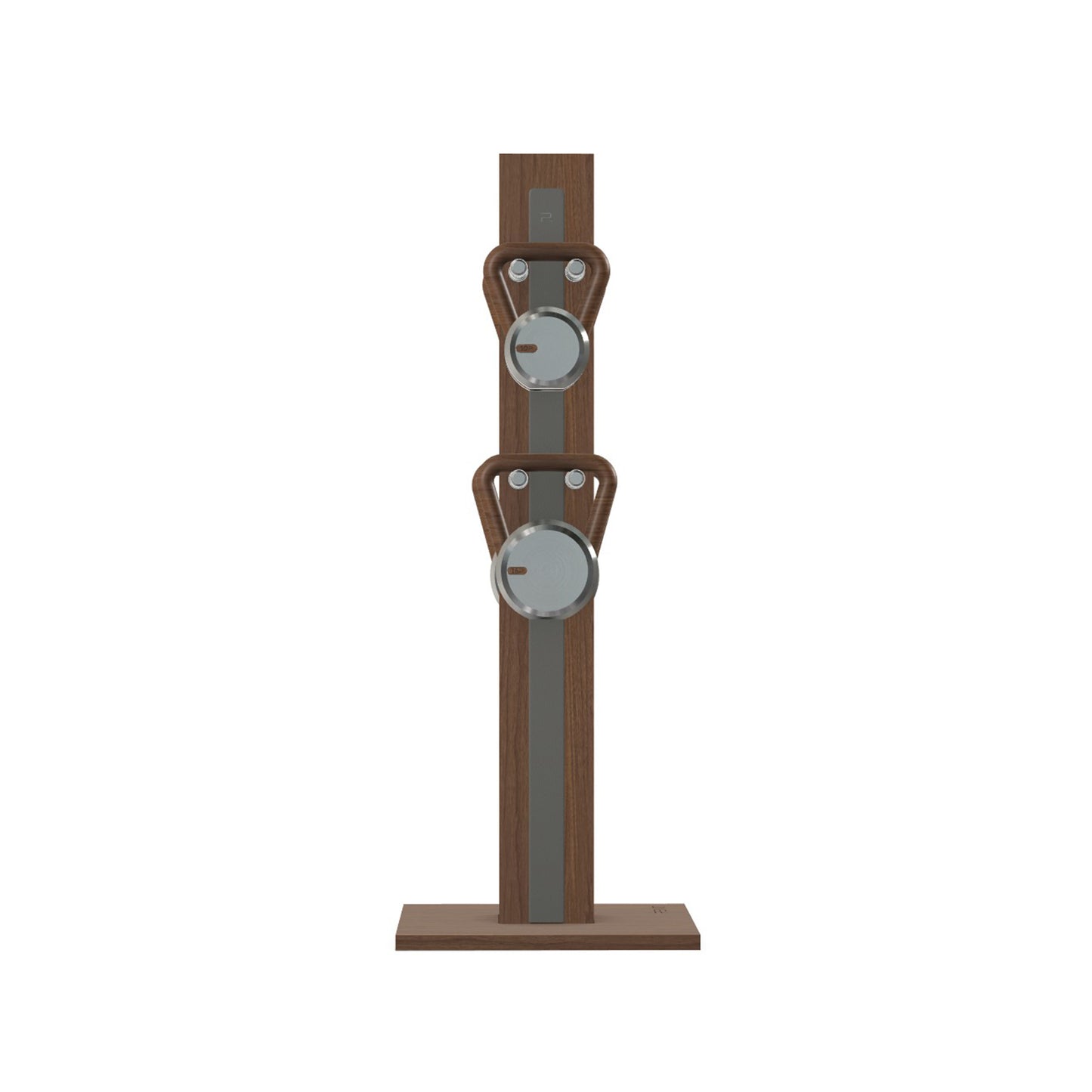 Luxury fitness equipment, 4 luxury kettlebells on vertical wooden stand, handcrafted with stainless steel, premium Italian grey leather and natural walnut wood. PENT. LOVA Set (2)