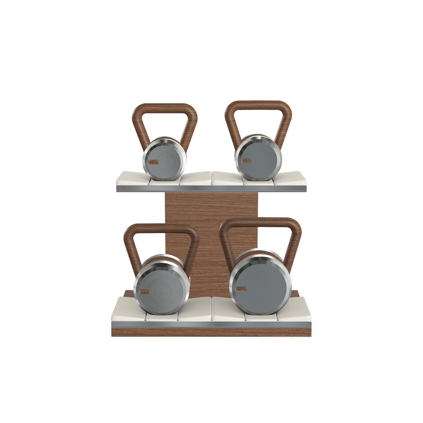 Luxury fitness equipment, luxury kettlebells with 10, 12, 16 and 20 KG, on horizontal wooden stand, handcrafted with stainless steel, premium Italian white leather and natural walnut wood.