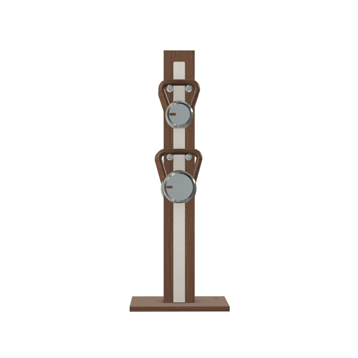Luxury fitness equipment, 4 luxury kettlebells on vertical wooden stand, handcrafted with stainless steel, premium Italian white leather and natural walnut wood. PENT. LOVA Set (2)