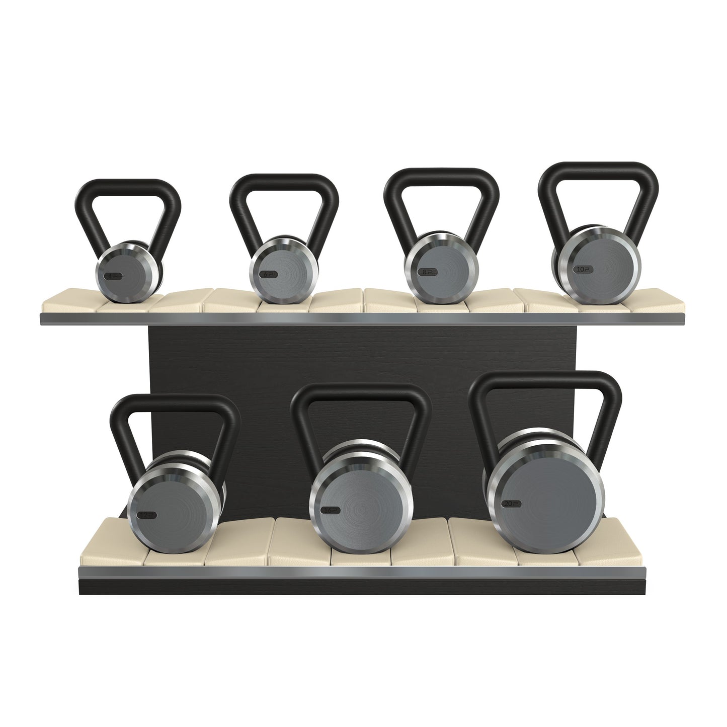 Luxury fitness equipment, 7 premium kettlebells on horizontal wooden stand, handcrafted with stainless steel, premium Italian beige leather and black ash wood.