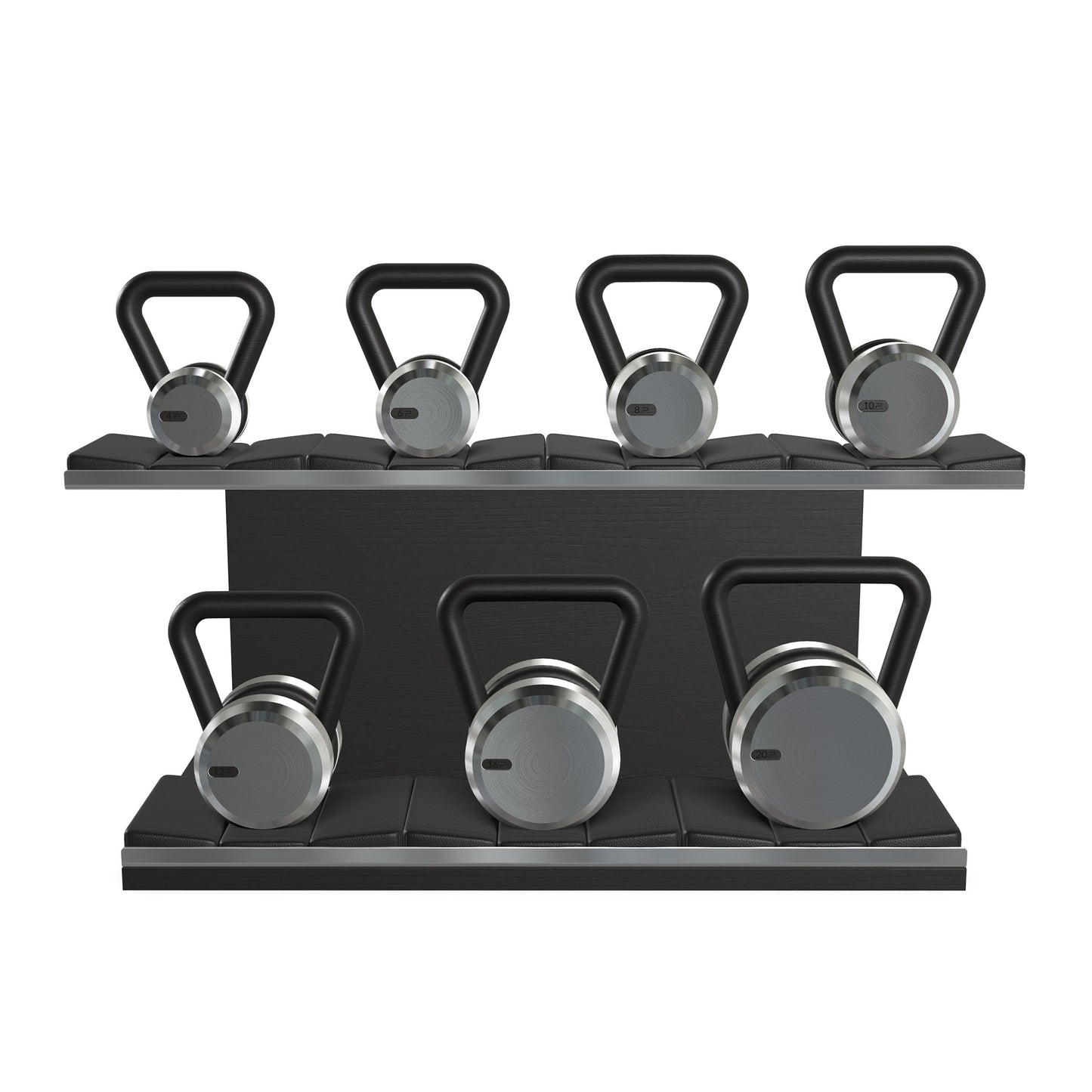 Luxury fitness equipment, 7 premium kettlebells on horizontal wooden stand, handcrafted with stainless steel, premium Italian black leather and black ash wood.