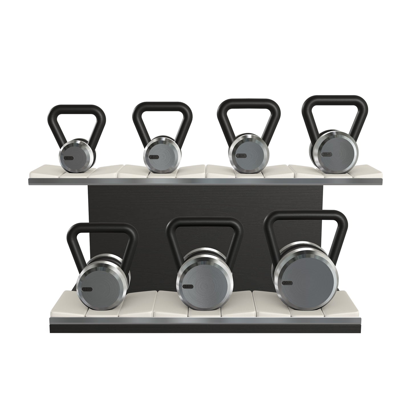 Luxury fitness equipment, 7 premium kettlebells on horizontal wooden stand, handcrafted with stainless steel, premium Italian brown leather and black ash wood.