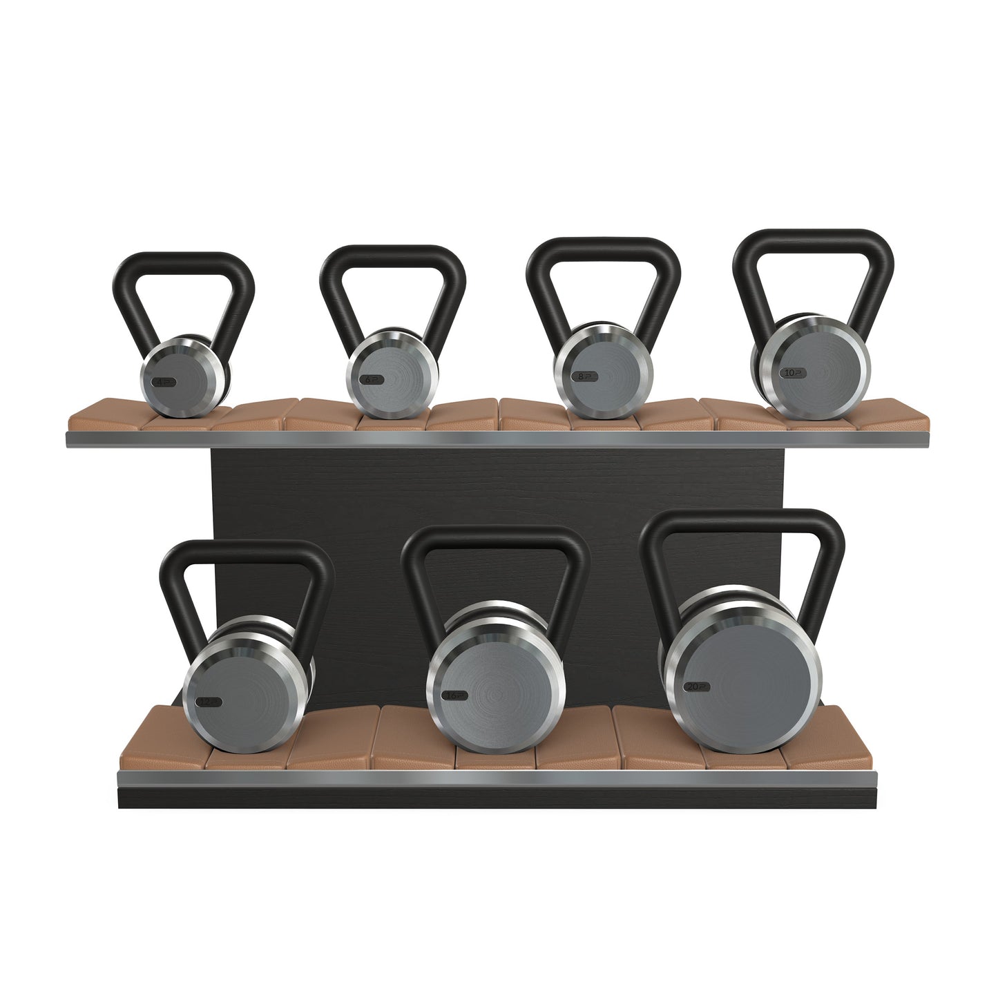 Luxury fitness equipment, 7 premium kettlebells on horizontal wooden stand, handcrafted with stainless steel, premium Italian grey leather and black ash wood.