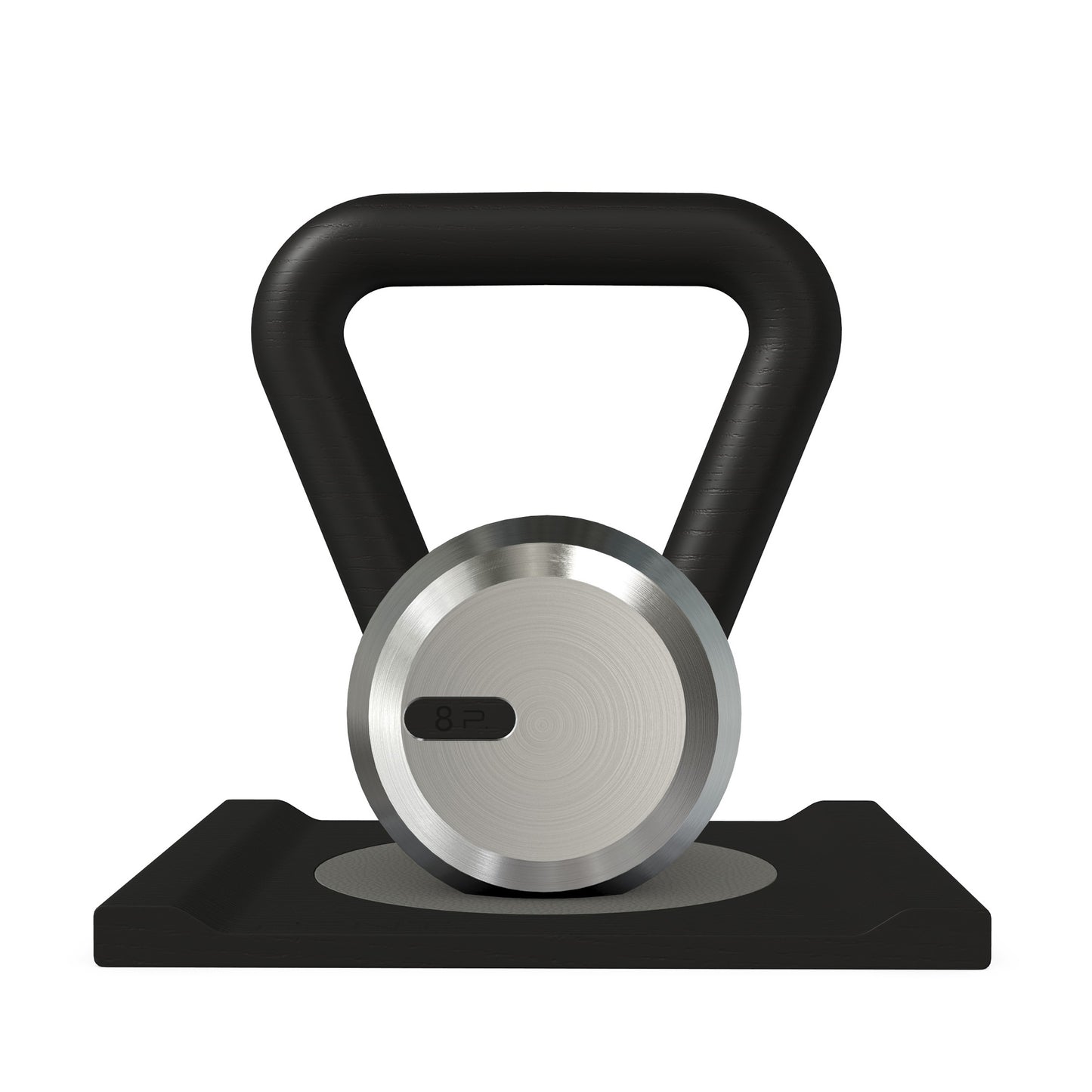 Luxury home gym equipment, premium kettlebell on wooden stand, made with stainless steel and black ash wood.