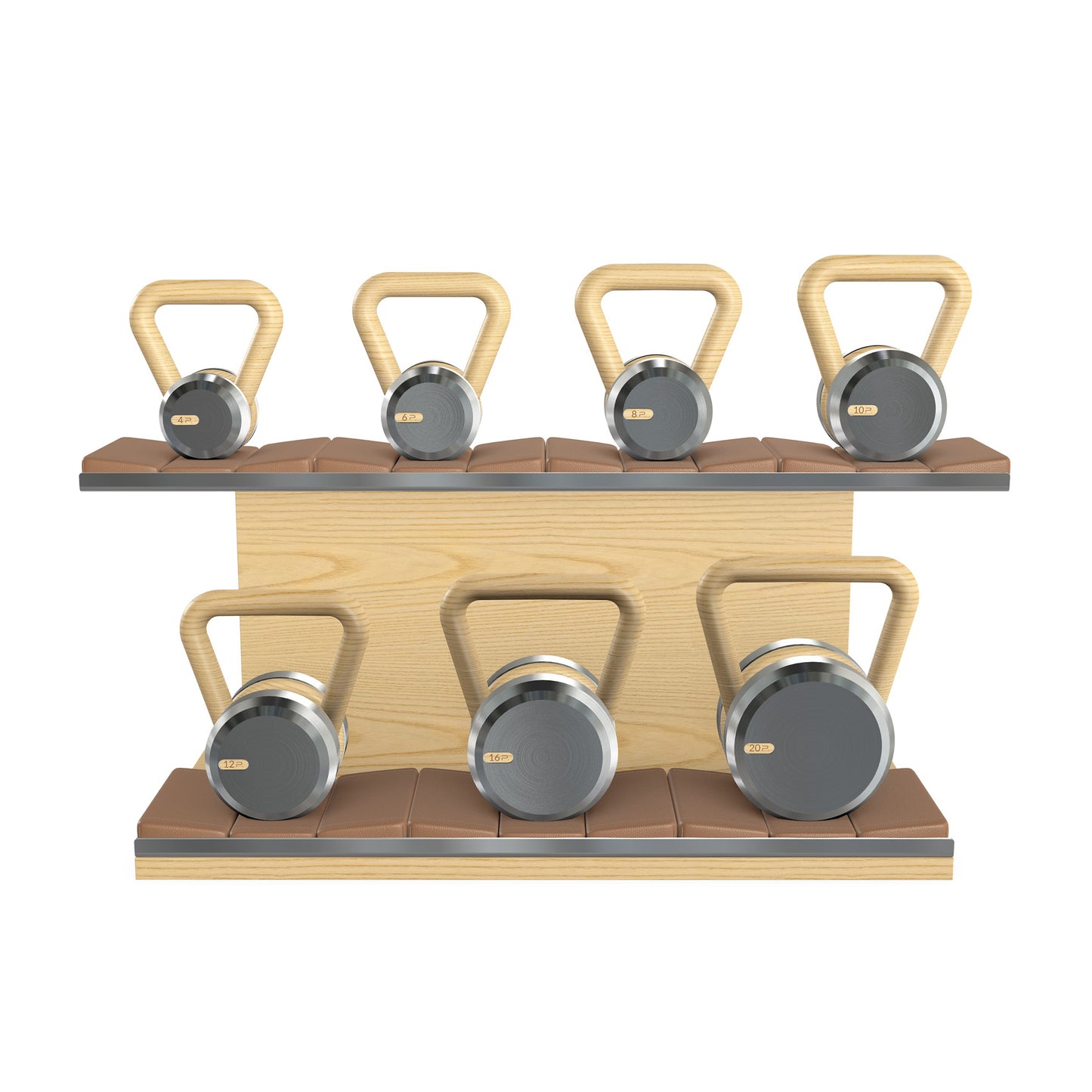 Luxury fitness equipment, 7 premium kettlebells on horizontal wooden stand, handcrafted with stainless steel, premium Italian brown leather and natural ash wood.