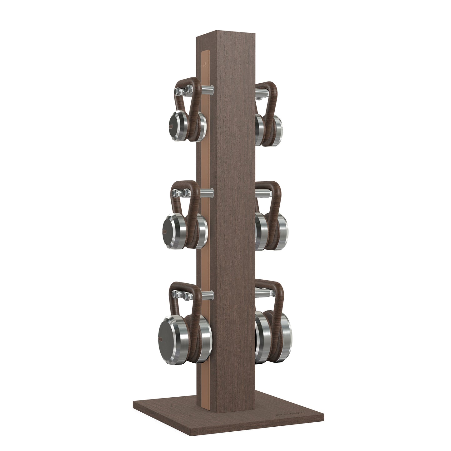 Luxury fitness equipment, 6 luxury kettlebells on vertical wooden stand, handcrafted with stainless steel, premium Italian brown leather and dark walnut wood. PENT. LOVA Set