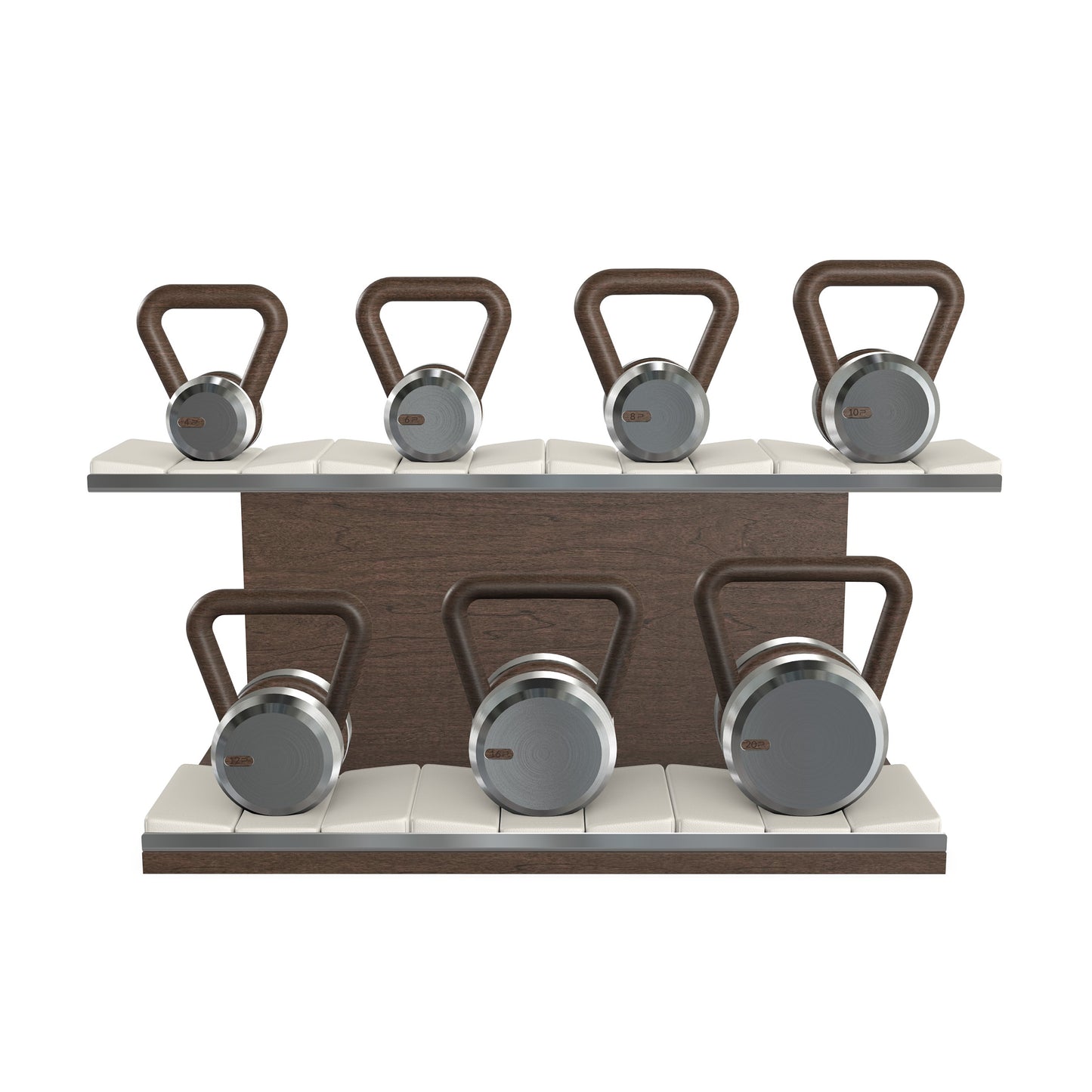 Luxury fitness equipment, 7 premium kettlebells on horizontal wooden stand, handcrafted with stainless steel, premium Italian white leather and dark walnut wood.