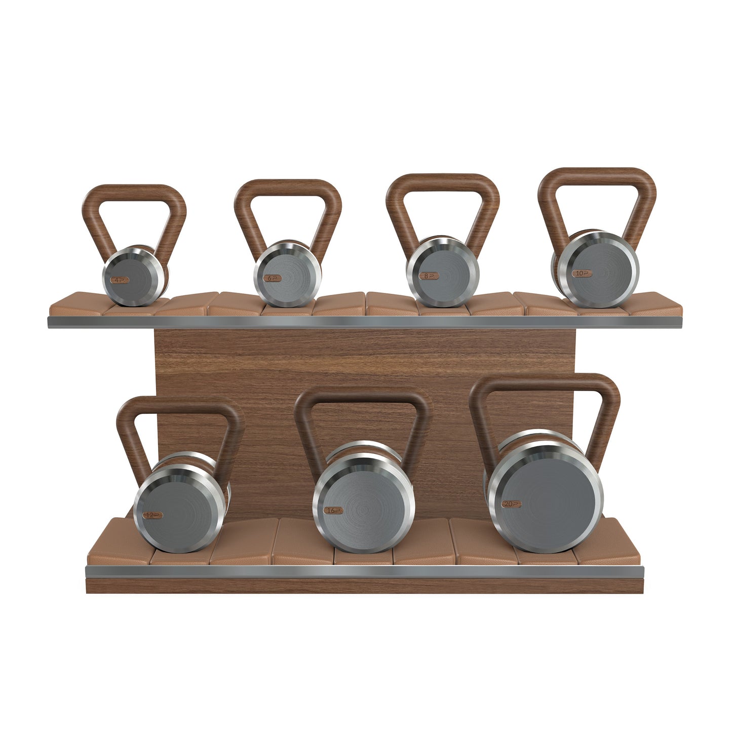 Luxury fitness equipment, 7 premium kettlebells on horizontal wooden stand, handcrafted with stainless steel, premium Italian brown leather and natural walnut wood.