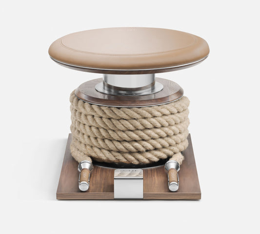 Luxury battle rope with stainless steel and wooden handles, wrapped in Italian leather, neatly stored in a handmade wooden stand in Singapore and Australia.