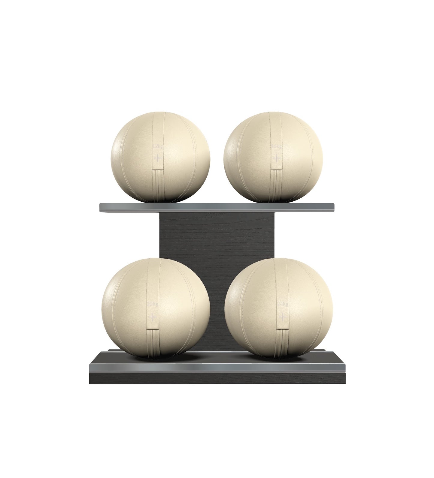 Luxury fitness equipment, 4 leather medicine ball on horizontal wooden stand, handcrafted with premium Italian beige base leather, beige accent leather and black ash wood. PENT. MOXA Set