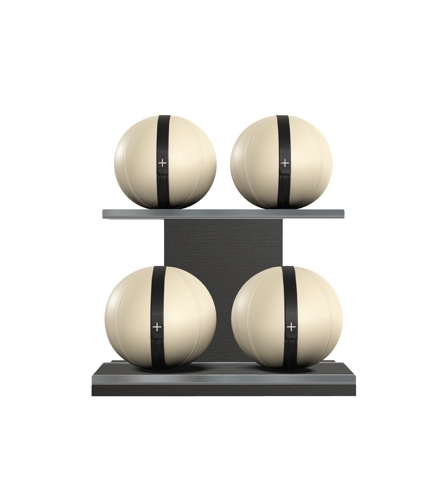 Luxury fitness equipment, 4 leather medicine ball on horizontal wooden stand, handcrafted with premium Italian beige base leather, black accent leather and black ash wood. PENT. MOXA Set