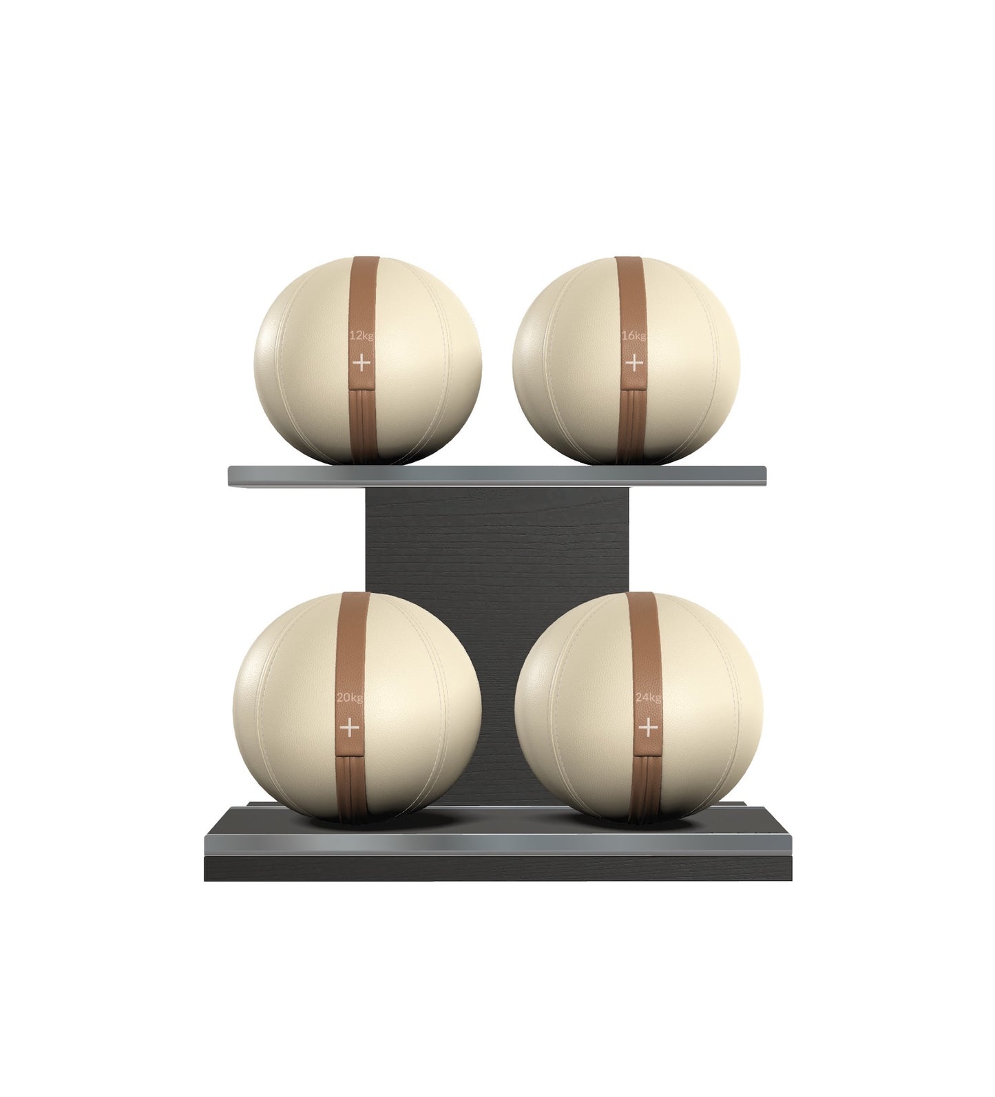 Luxury fitness equipment, 4 leather medicine ball on horizontal wooden stand, handcrafted with premium Italian beige base leather, brown accent leather and black ash wood. PENT. MOXA Set