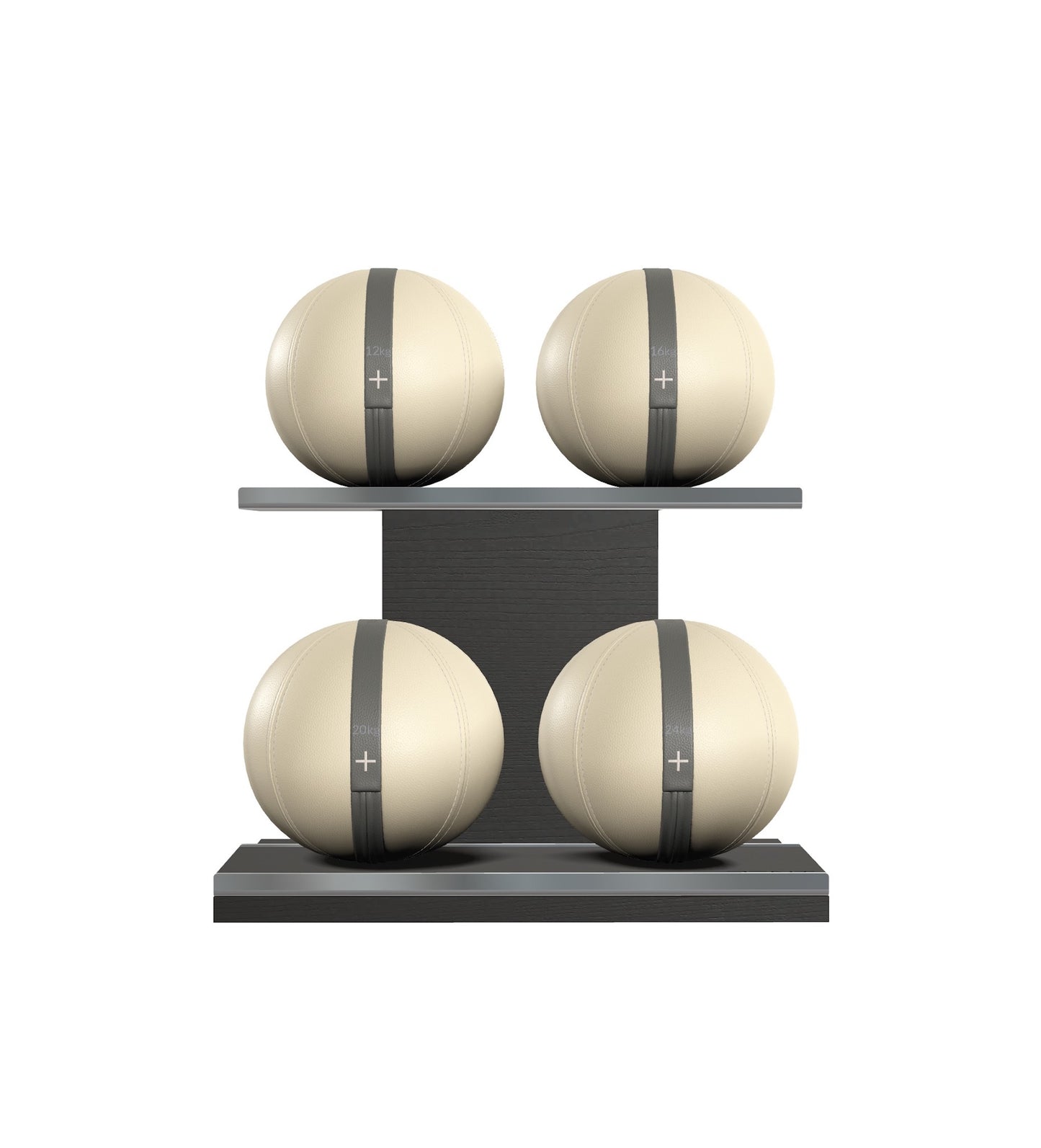 Luxury fitness equipment, 4 leather medicine ball on horizontal wooden stand, handcrafted with premium Italian beige base leather, grey accent leather and black ash wood. PENT. MOXA Set