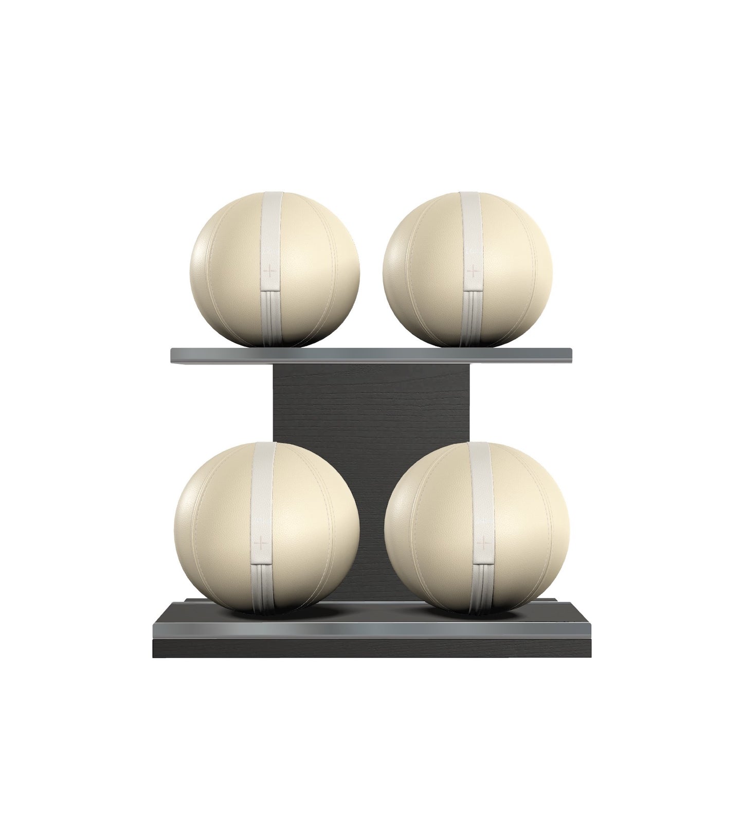 Luxury fitness equipment, 4 leather medicine ball on horizontal wooden stand, handcrafted with premium Italian beige base leather, white accent leather and black ash wood. PENT. MOXA Set