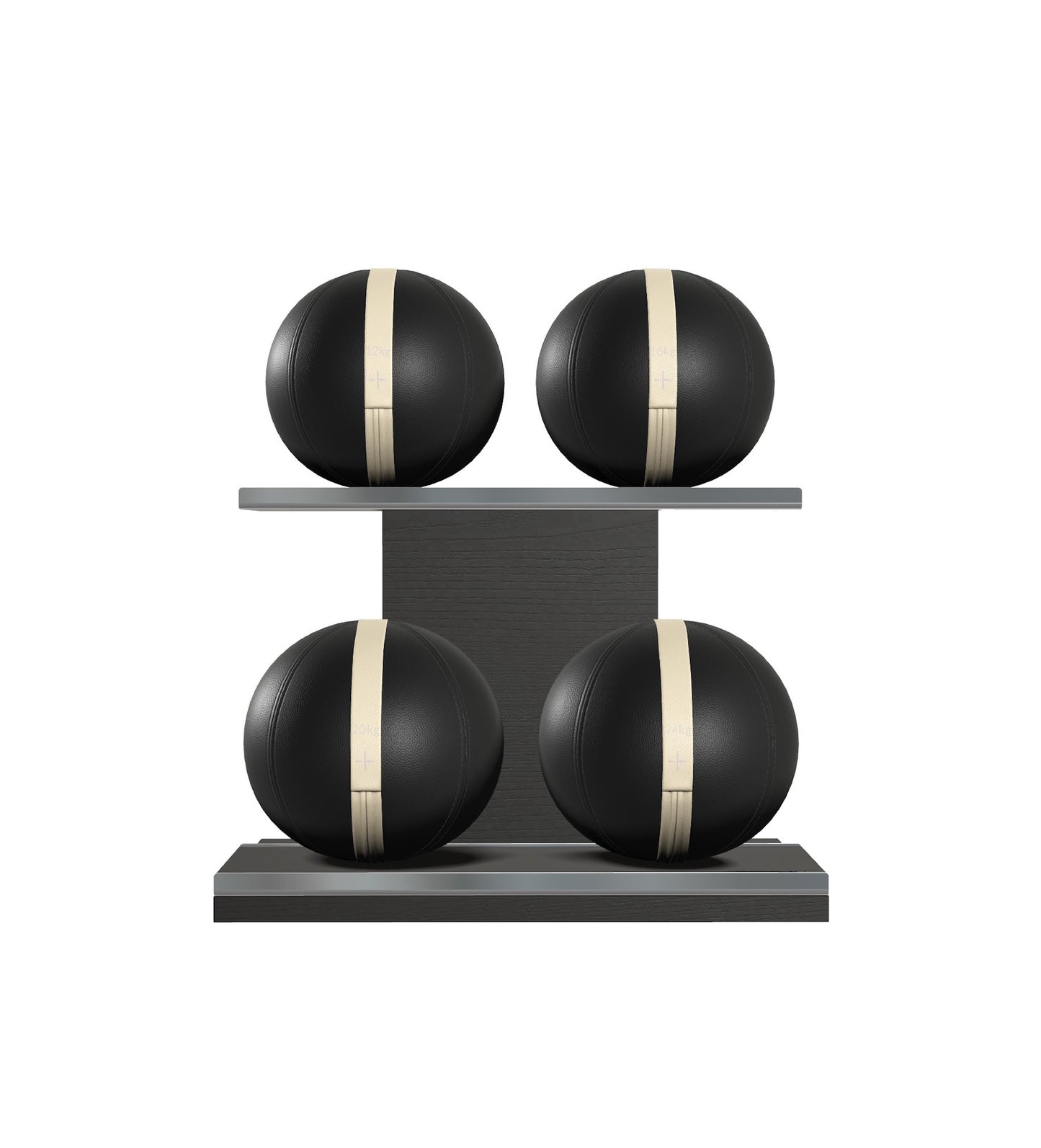 Luxury fitness equipment, 4 leather medicine ball on horizontal wooden stand, handcrafted with premium Italian black base leather, beige accent leather and black ash wood. PENT. MOXA Set