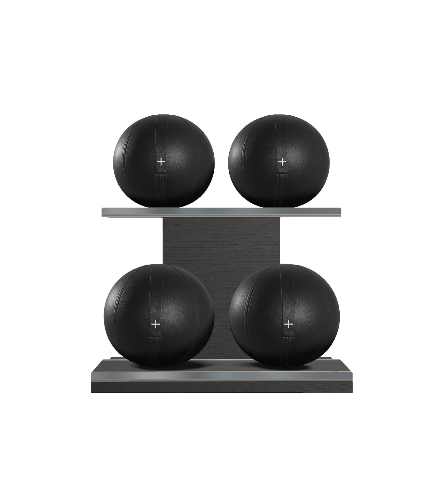 Luxury fitness equipment, 4 leather medicine ball on horizontal wooden stand, handcrafted with premium Italian black base leather, black accent leather and black ash wood. PENT. MOXA Set