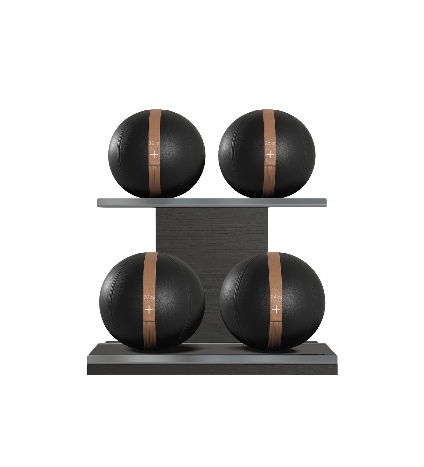 Luxury fitness equipment, 4 leather medicine ball on horizontal wooden stand, handcrafted with premium Italian black base leather, brown accent leather and black ash wood. PENT. MOXA Set