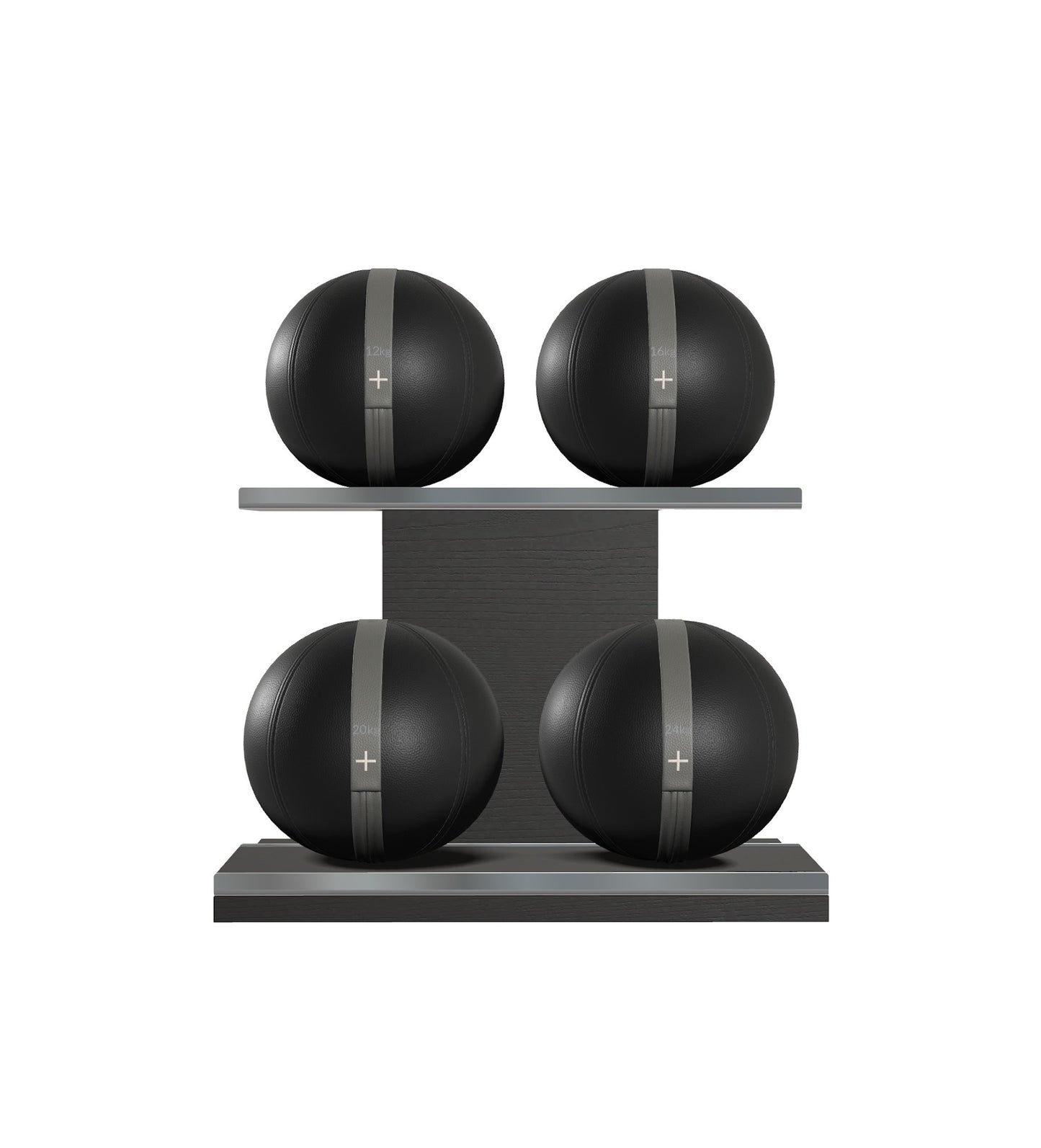 Luxury fitness equipment, 4 leather medicine ball on horizontal wooden stand, handcrafted with premium Italian black base leather, grey accent leather and black ash wood. PENT. MOXA Set