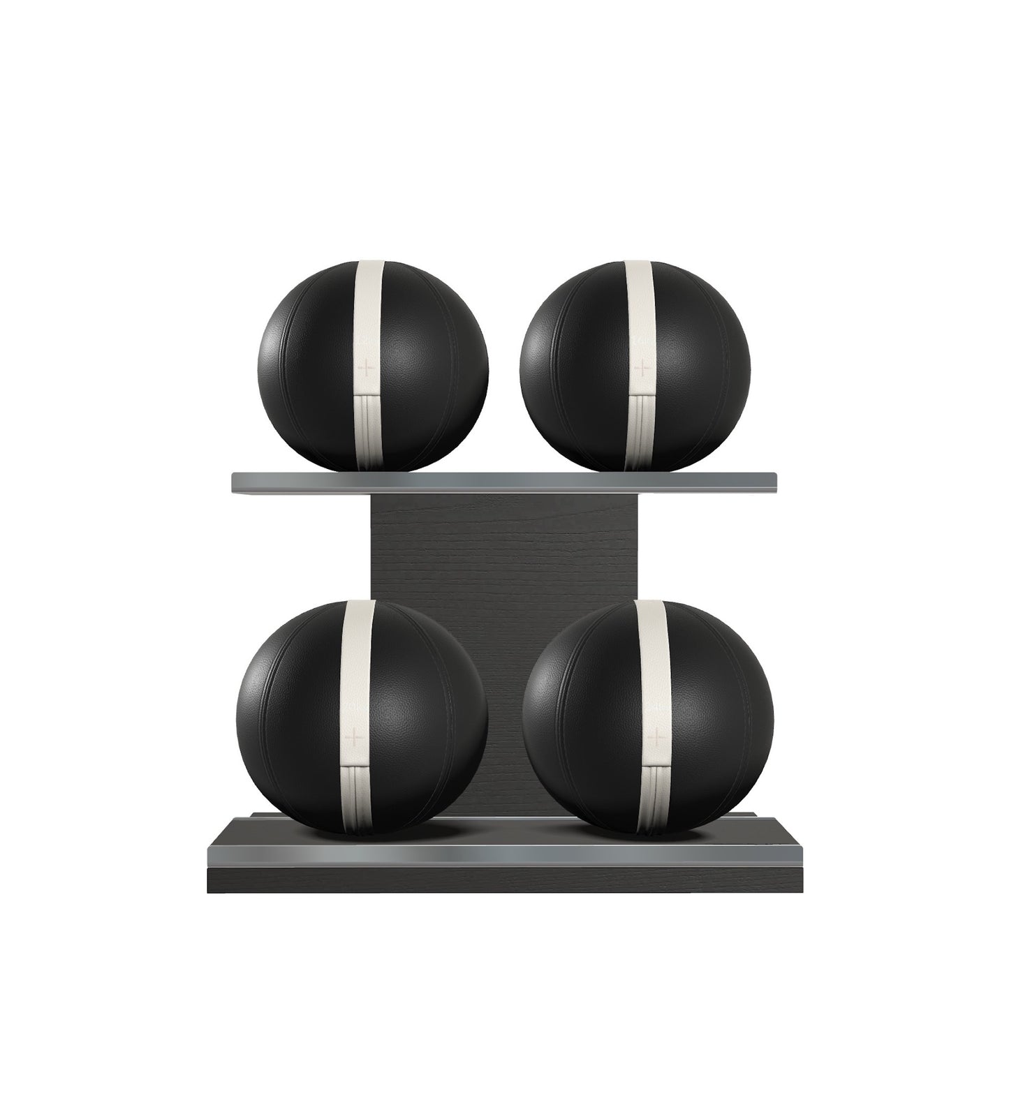 Luxury fitness equipment, 4 leather medicine ball on horizontal wooden stand, handcrafted with premium Italian black base leather, white accent leather and black ash wood. PENT. MOXA Set
