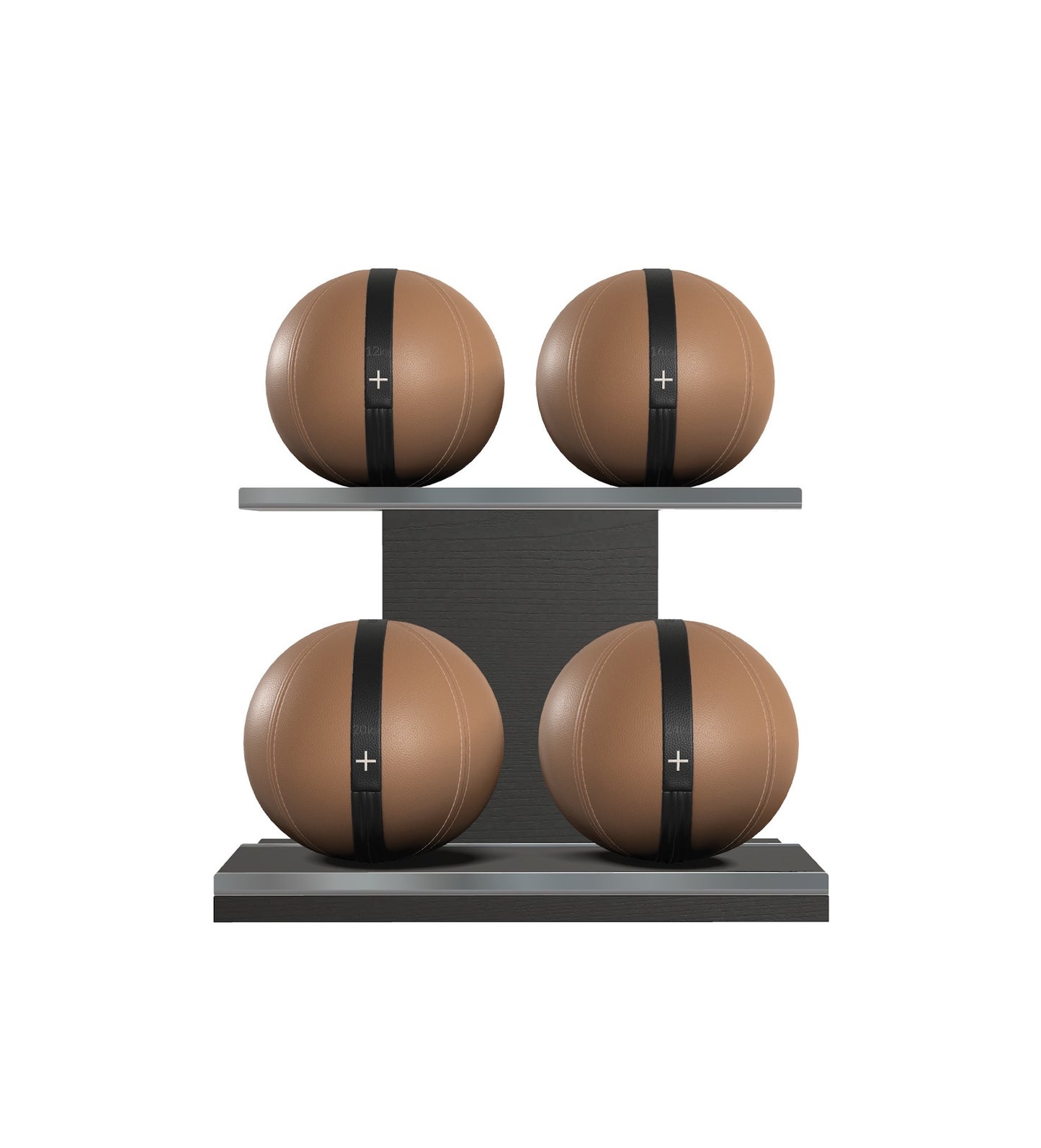 Luxury fitness equipment, 4 leather medicine ball on horizontal wooden stand, handcrafted with premium Italian brown base leather, black accent leather and black ash wood. PENT. MOXA Set
