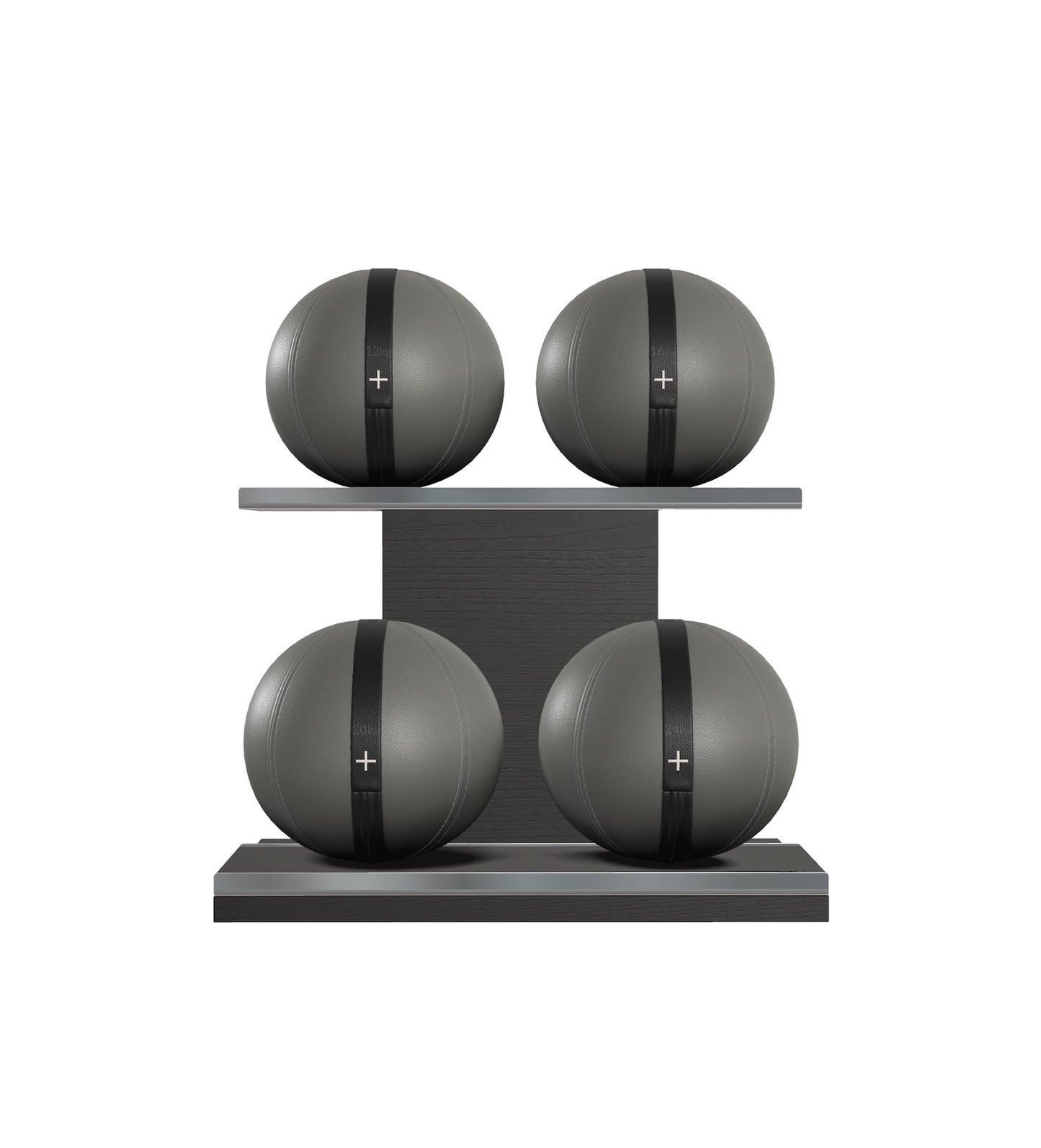 Luxury fitness equipment, 4 leather medicine ball on horizontal wooden stand, handcrafted with premium Italian grey base leather, black accent leather and black ash wood. PENT. MOXA Set