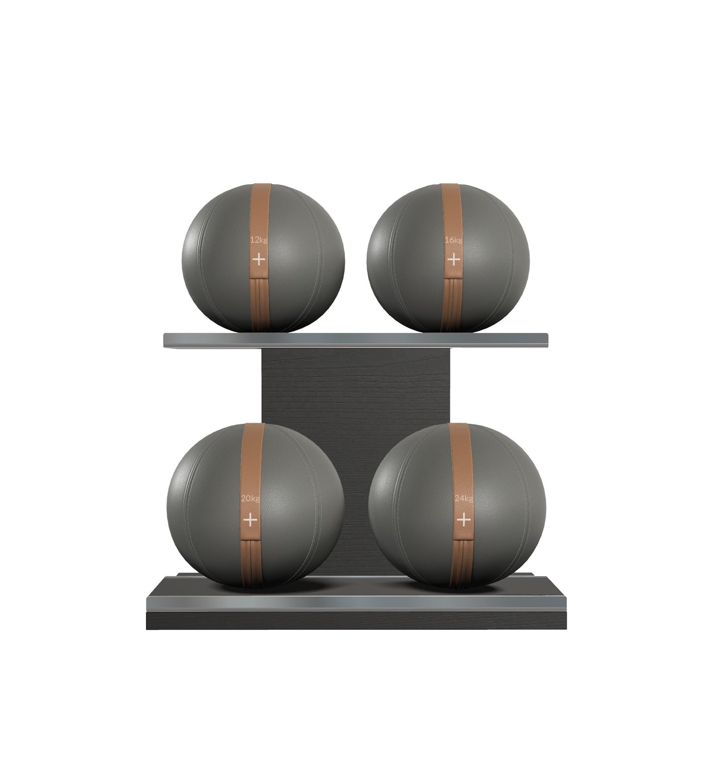 Luxury fitness equipment, 4 leather medicine ball on horizontal wooden stand, handcrafted with premium Italian grey base leather, brown accent leather and black ash wood. PENT. MOXA Set