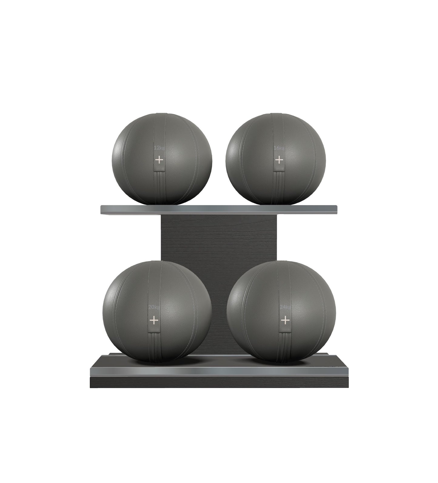 Luxury fitness equipment, 4 leather medicine ball on horizontal wooden stand, handcrafted with premium Italian grey base leather, grey accent leather and black ash wood. PENT. MOXA Set