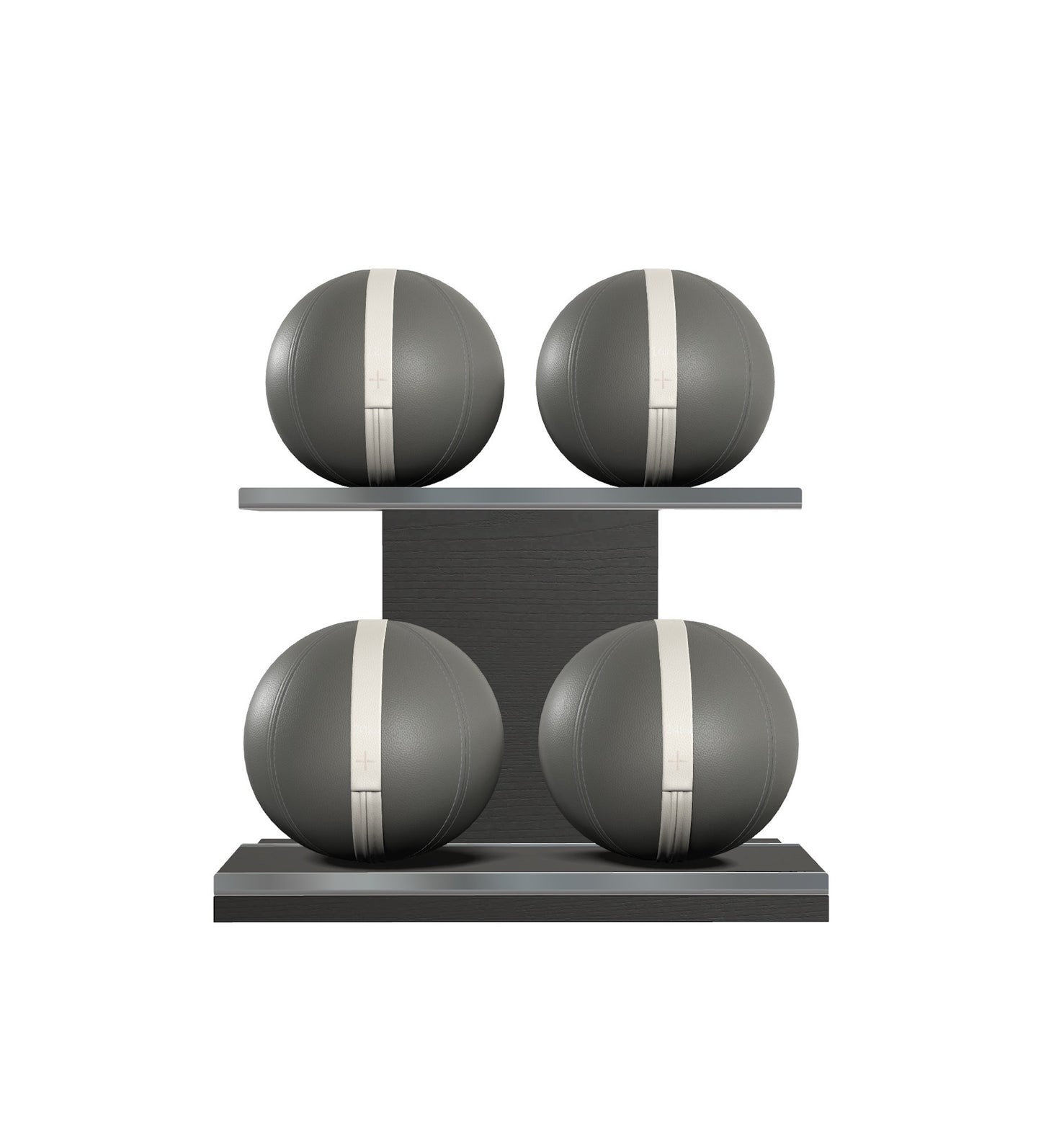 Luxury fitness equipment, 4 leather medicine ball on horizontal wooden stand, handcrafted with premium Italian grey base leather, white accent leather and black ash wood. PENT. MOXA Set