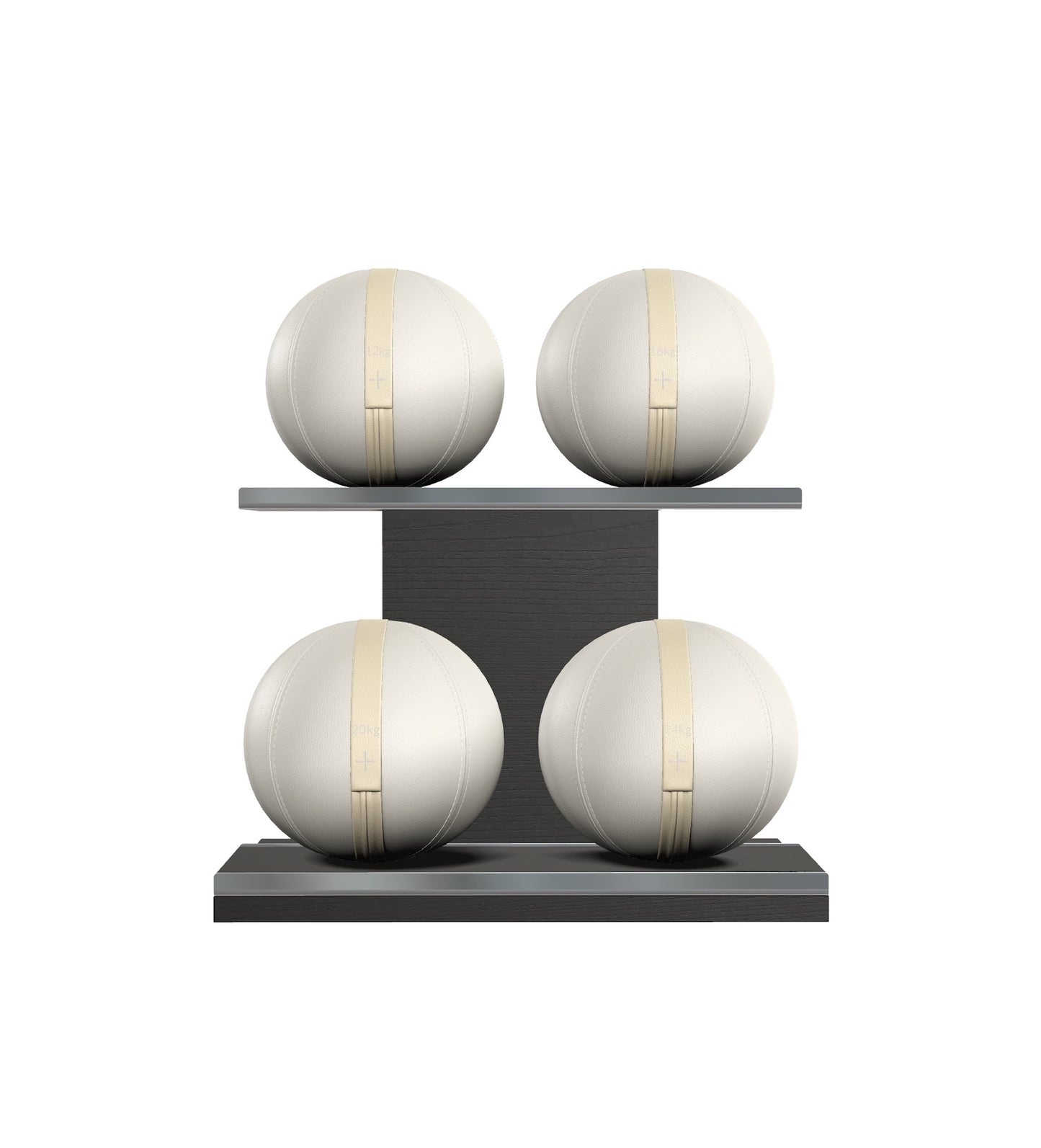 Luxury fitness equipment, 4 leather medicine ball on horizontal wooden stand, handcrafted with premium Italian white base leather, beige accent leather and black ash wood. PENT. MOXA Set
