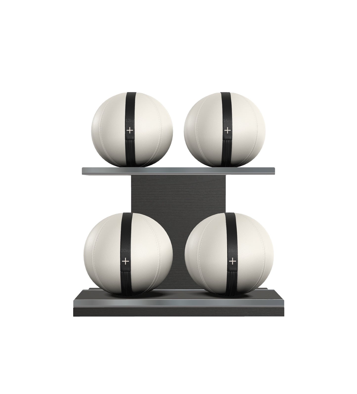 Luxury fitness equipment, 4 leather medicine ball on horizontal wooden stand, handcrafted with premium Italian white base leather, black accent leather and black ash wood. PENT. MOXA Set