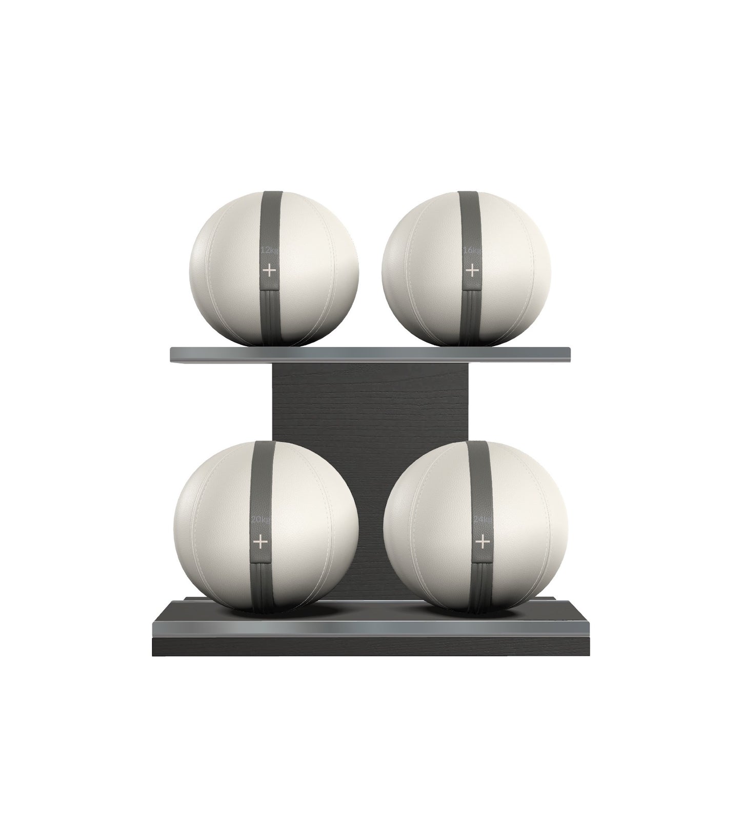 Luxury fitness equipment, 4 leather medicine ball on horizontal wooden stand, handcrafted with premium Italian white base leather, grey accent leather and black ash wood. PENT. MOXA Set
