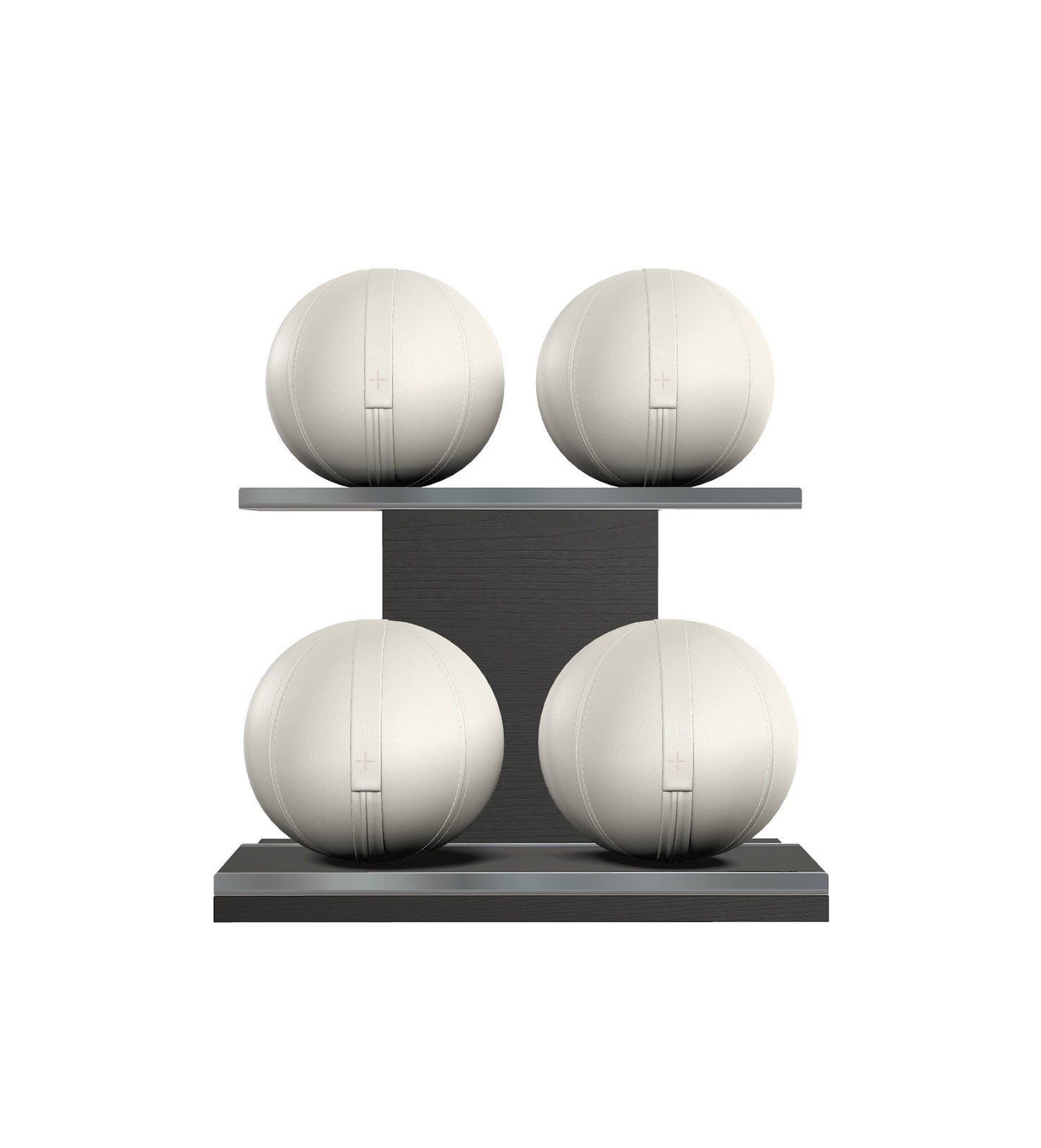 Luxury fitness equipment, 4 leather medicine ball on horizontal wooden stand, handcrafted with premium Italian white base leather, white accent leather and black ash wood. PENT. MOXA Set
