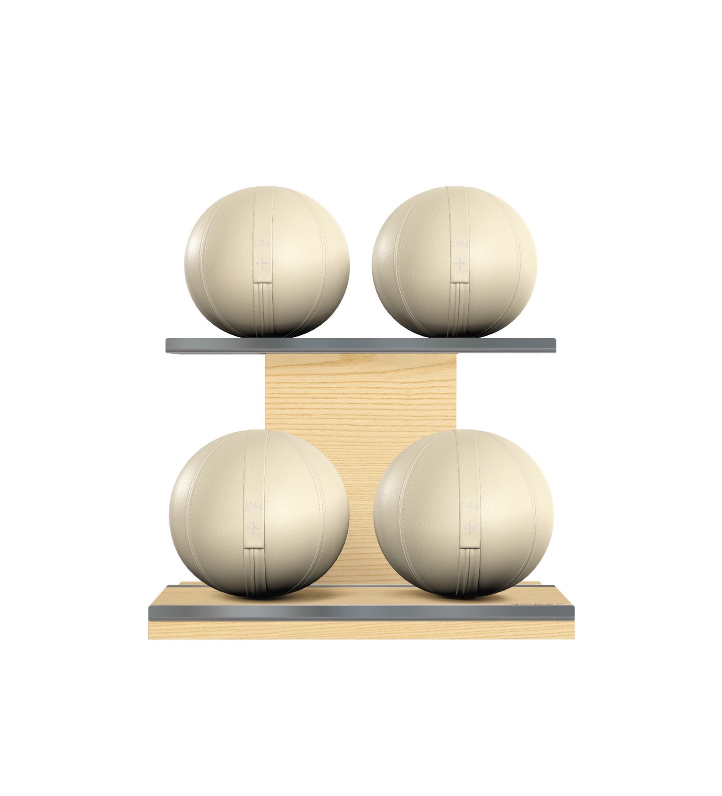 Luxury fitness equipment, 4 leather medicine ball on horizontal wooden stand, handcrafted with premium Italian white base leather, beige accent leather and natural ash wood. PENT. MOXA Set