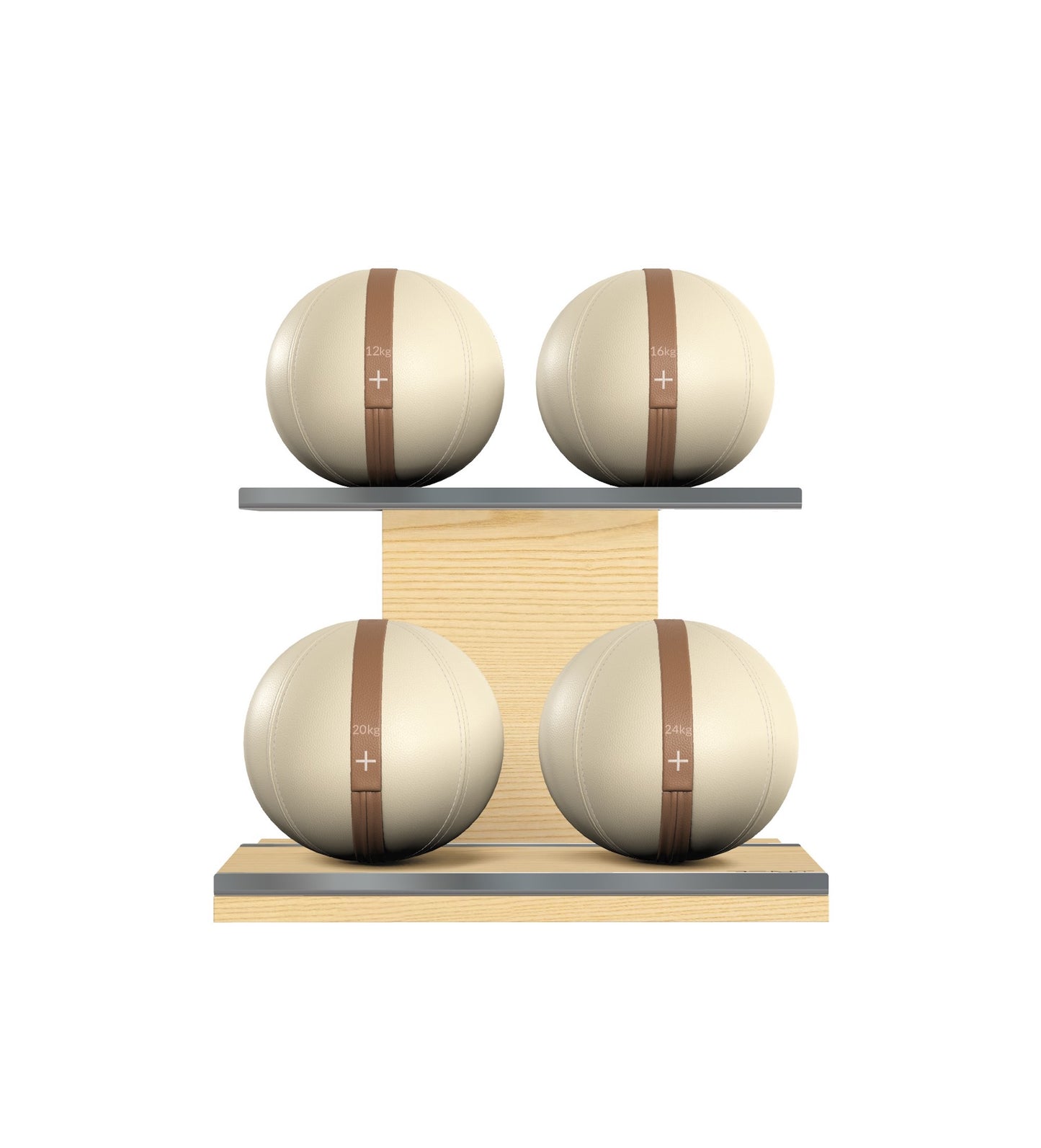 Luxury fitness equipment, 4 leather medicine ball on horizontal wooden stand, handcrafted with premium Italian white base leather, brown accent leather and natural ash wood. PENT. MOXA Set