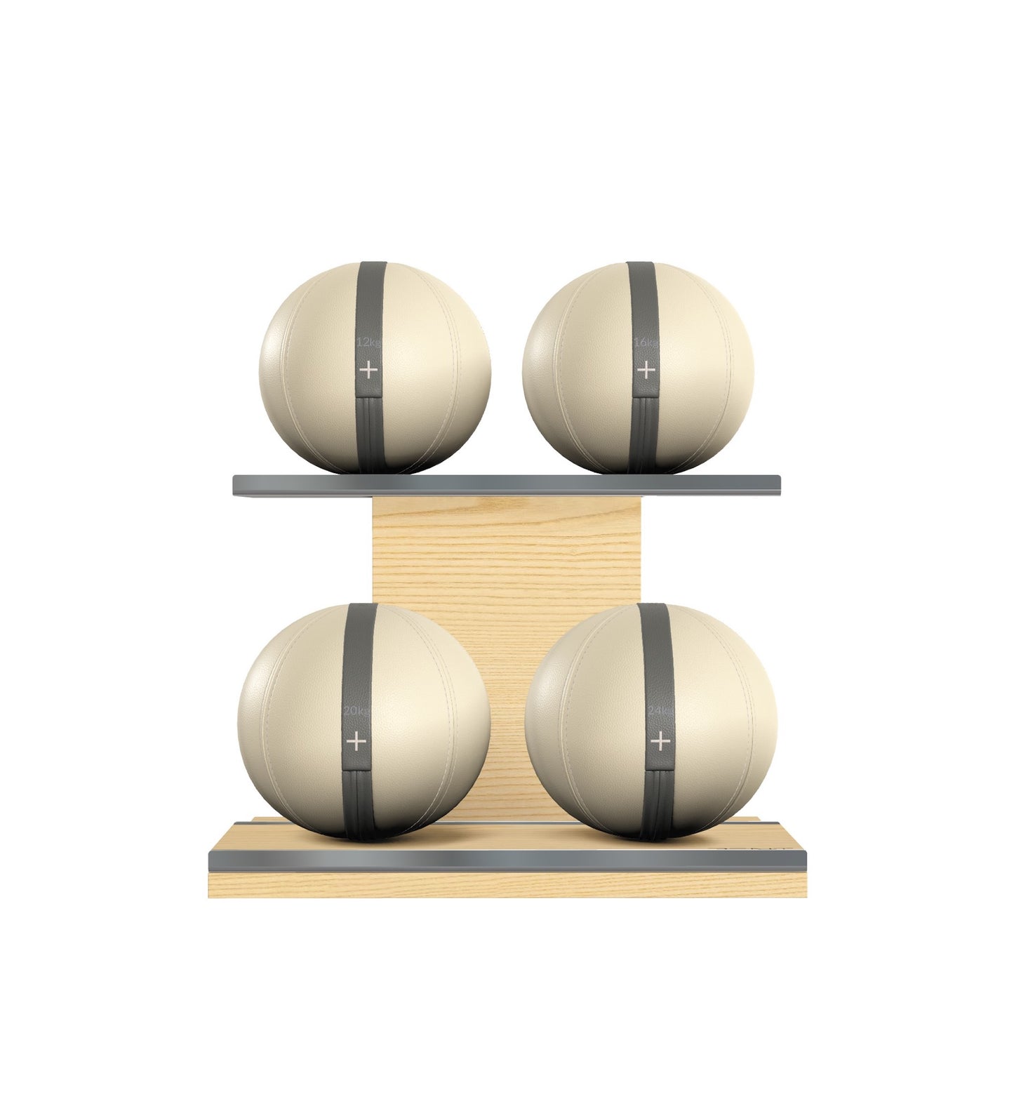 Luxury fitness equipment, 4 leather medicine ball on horizontal wooden stand, handcrafted with premium Italian white base leather, grey accent leather and natural ash wood. PENT. MOXA Set