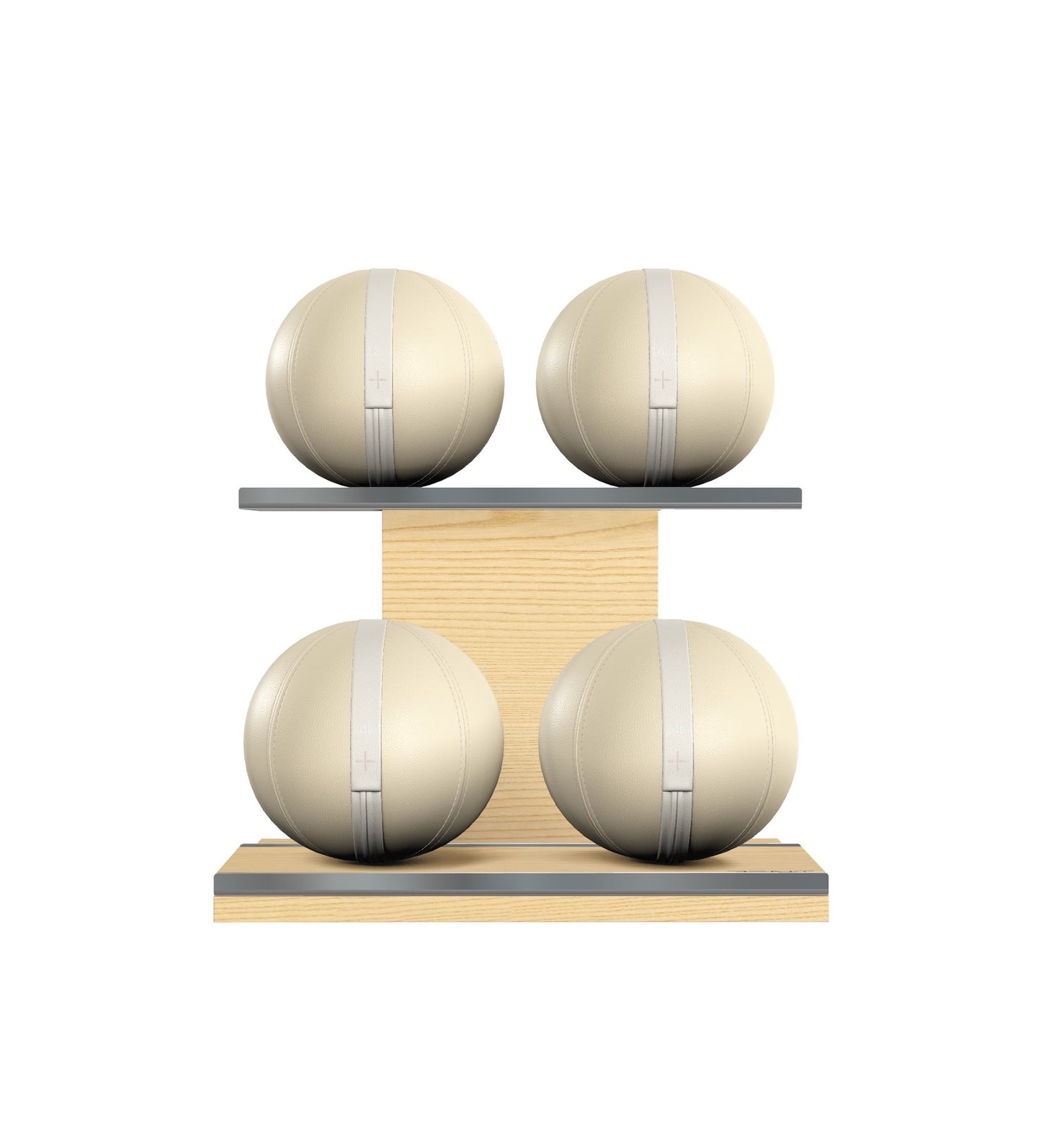 Luxury fitness equipment, 4 leather medicine ball on horizontal wooden stand, handcrafted with premium Italian beige base leather, white accent leather and natural ash wood. PENT. MOXA Set