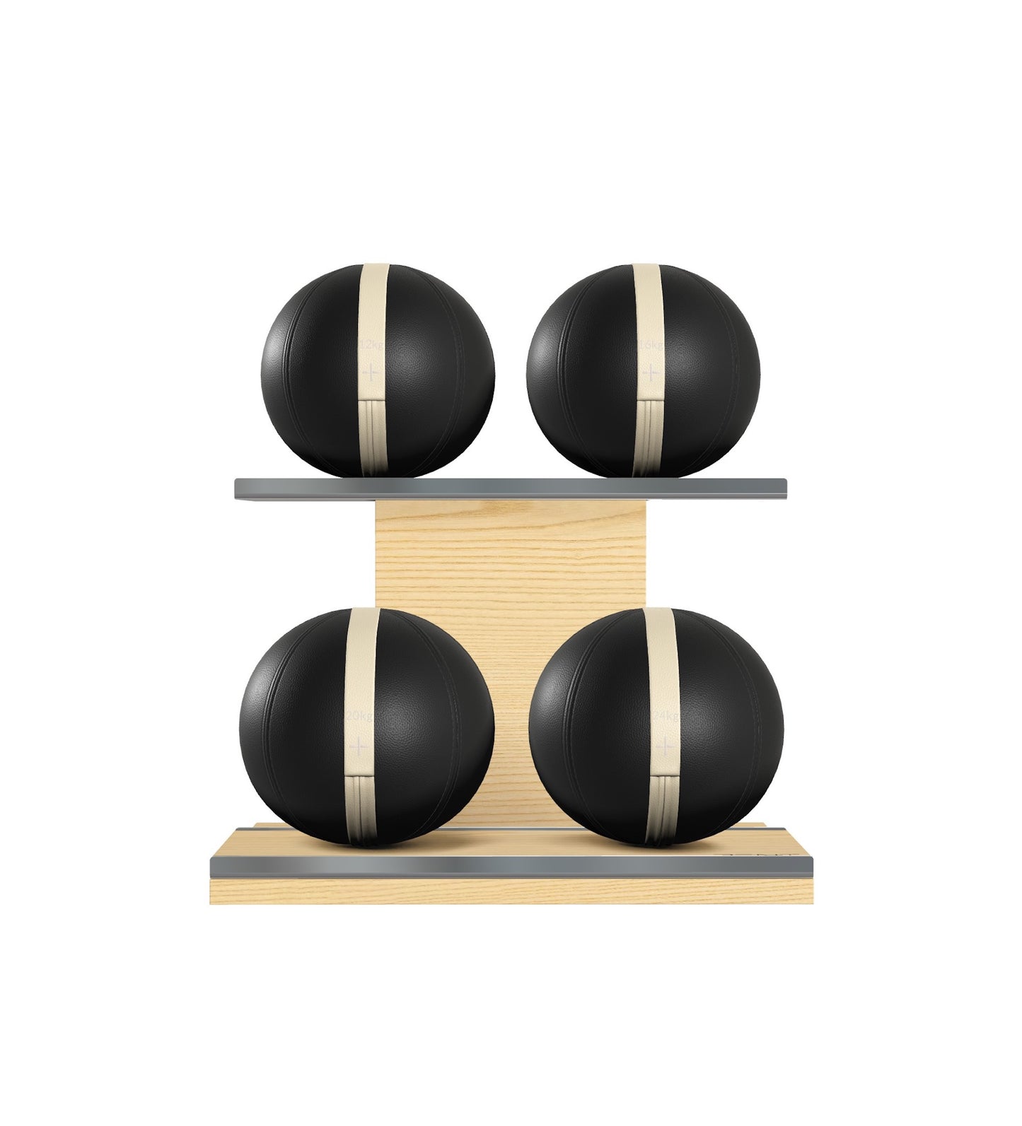 Luxury fitness equipment, 4 leather medicine ball on horizontal wooden stand, handcrafted with premium Italian black base leather, beige accent leather and natural ash wood. PENT. MOXA Set