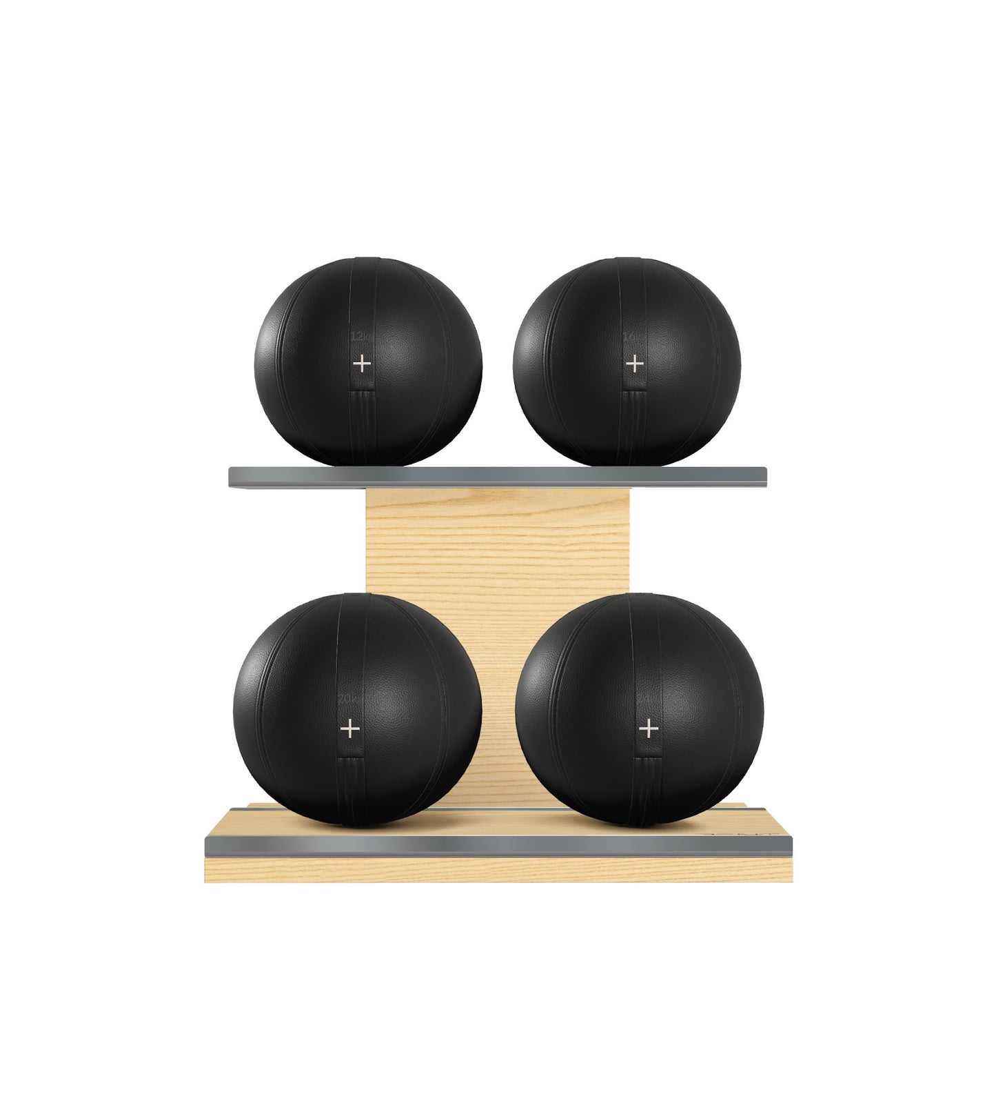 Luxury fitness equipment, 4 leather medicine ball on horizontal wooden stand, handcrafted with premium Italian black base leather, black accent leather and natural ash wood. PENT. MOXA Set