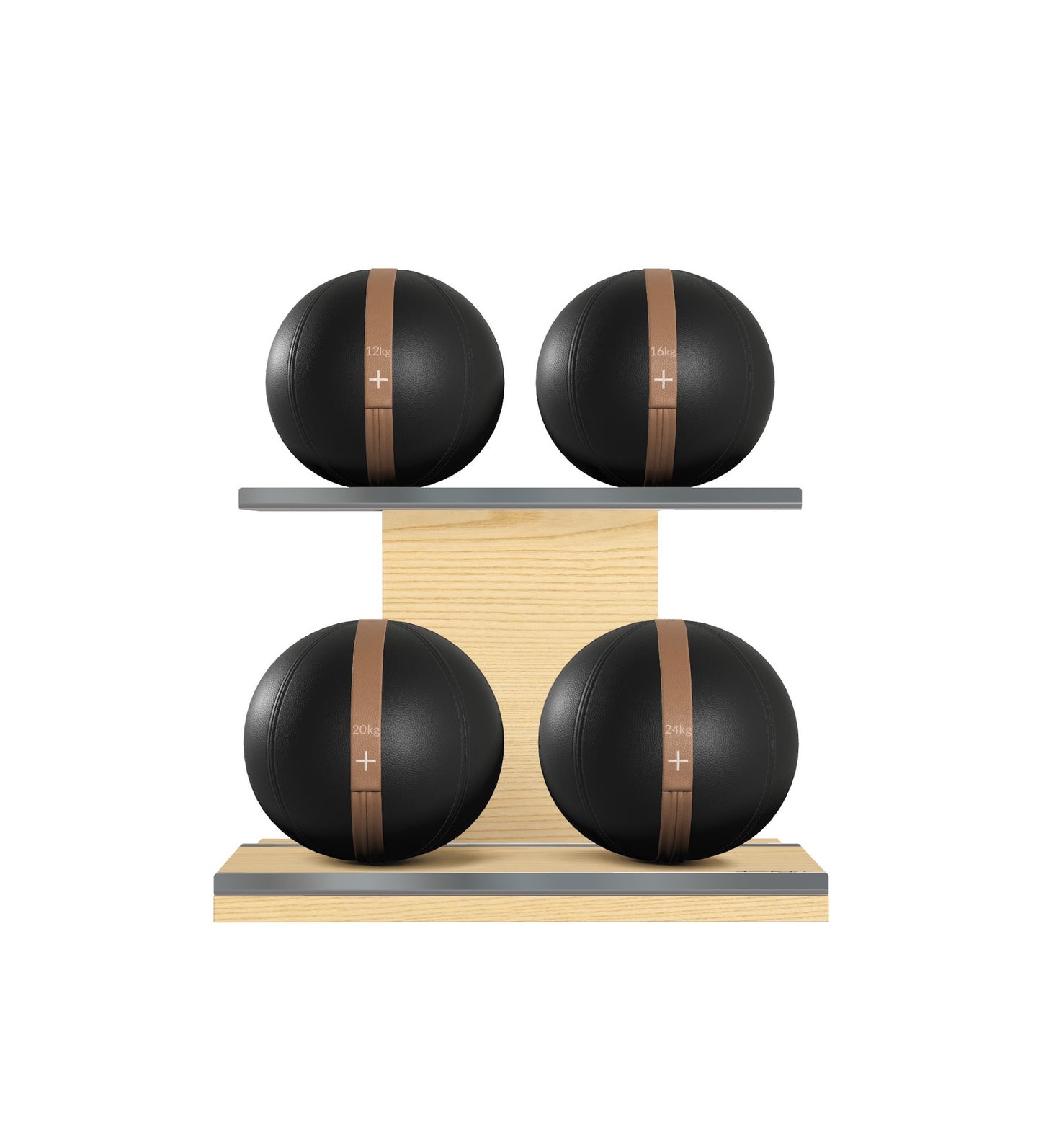 Luxury fitness equipment, 4 leather medicine ball on horizontal wooden stand, handcrafted with premium Italian black base leather, brown accent leather and natural ash wood. PENT. MOXA Set