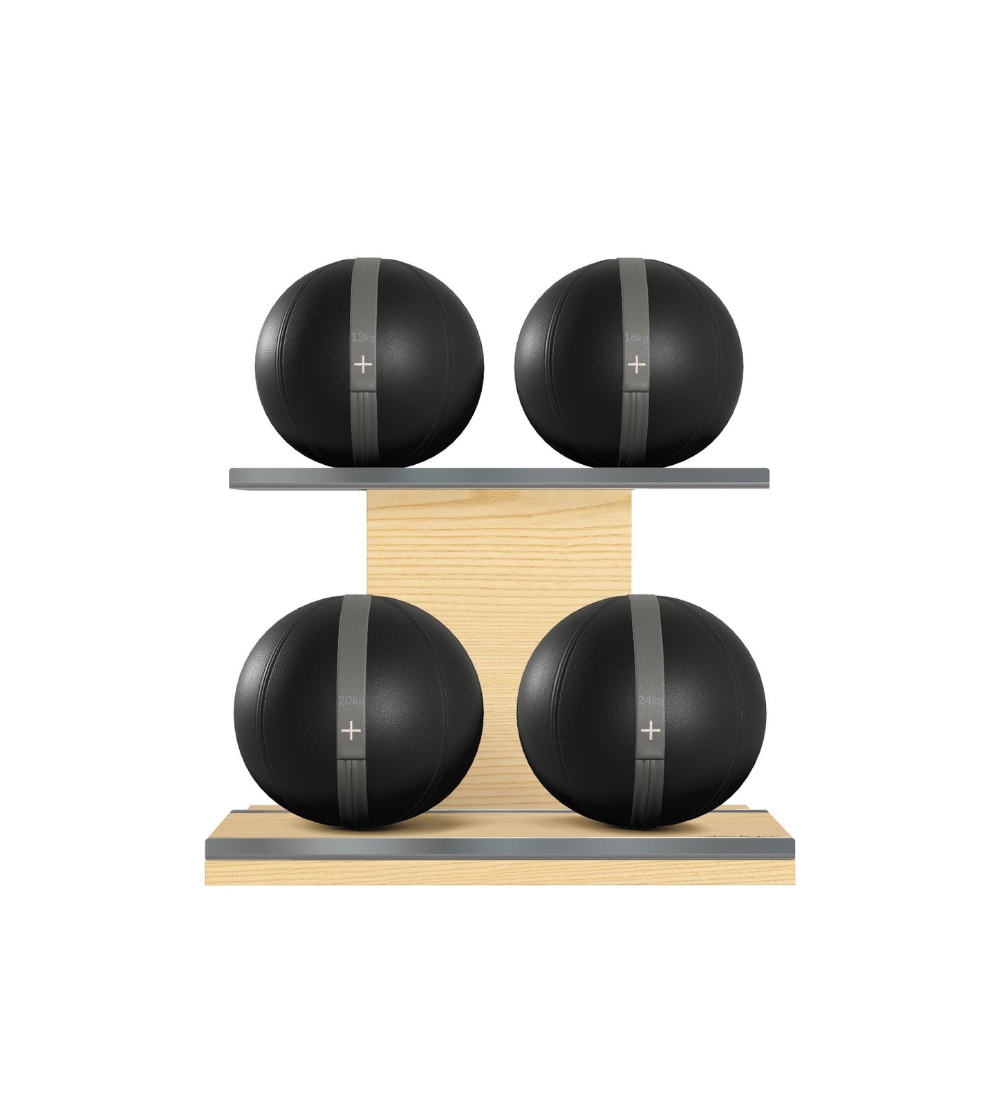 Luxury fitness equipment, 4 leather medicine ball on horizontal wooden stand, handcrafted with premium Italian black base leather, grey accent leather and natural ash wood. PENT. MOXA Set