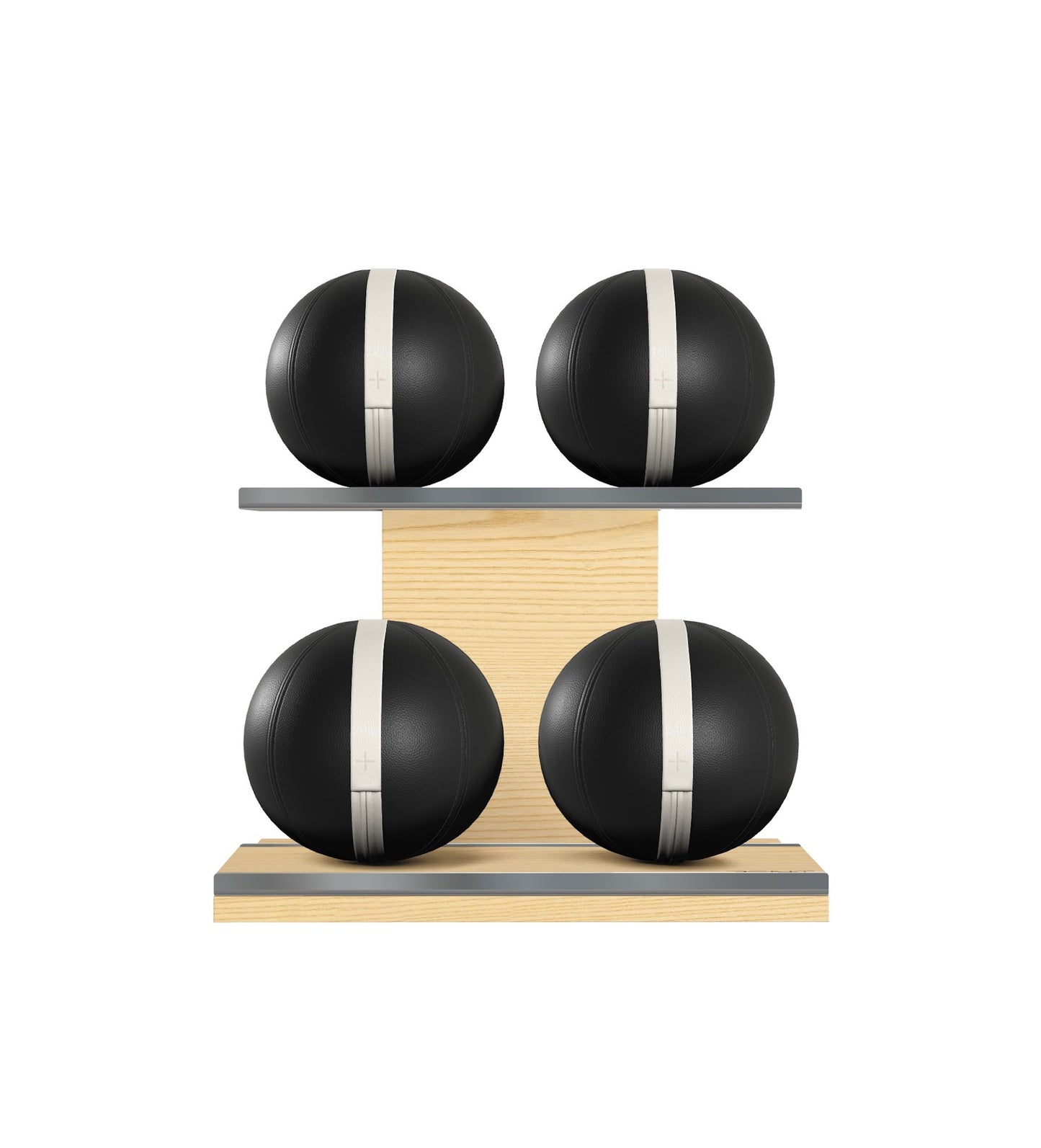 Luxury fitness equipment, 4 leather medicine ball on horizontal wooden stand, handcrafted with premium Italian black base leather, white accent leather and natural ash wood. PENT. MOXA Set